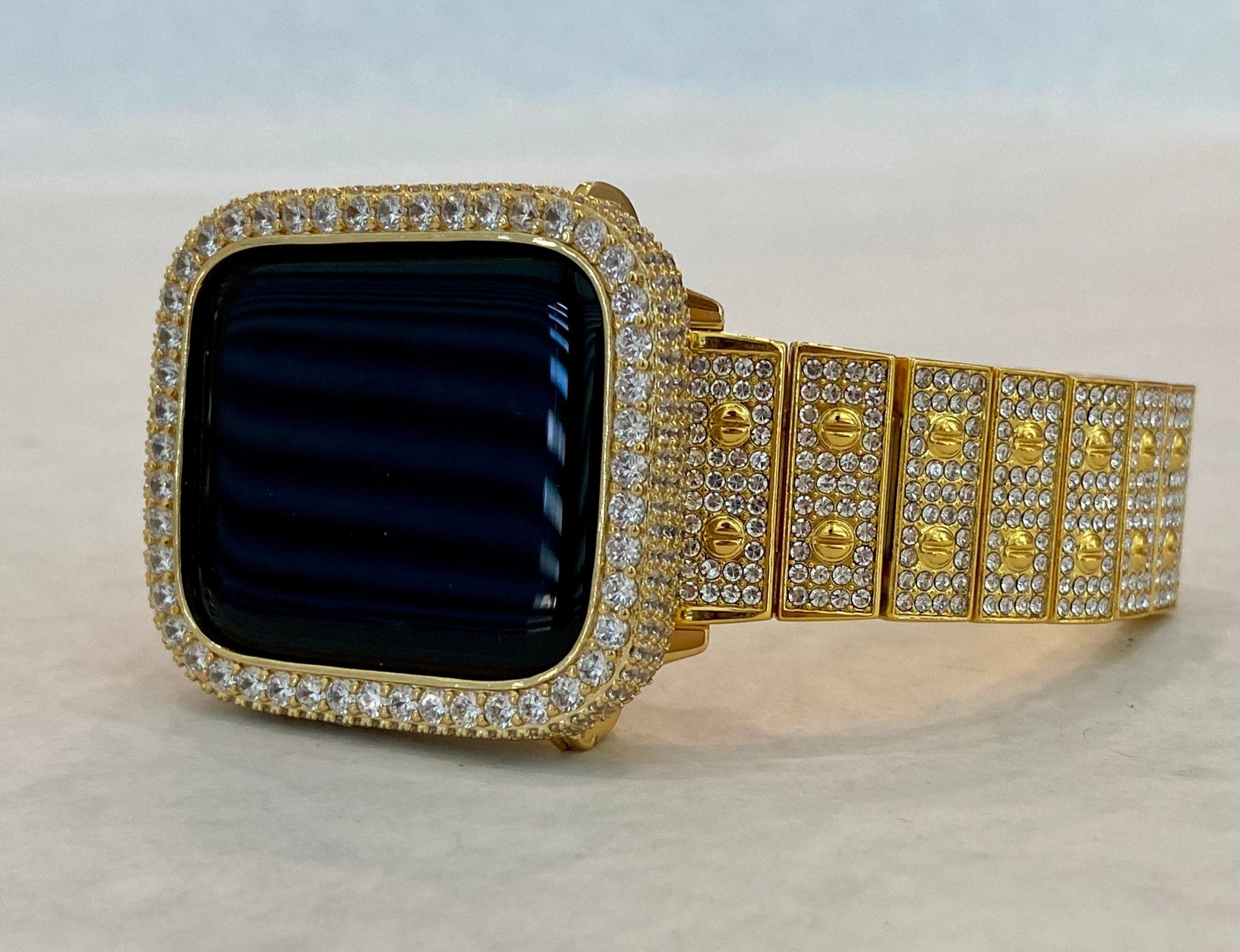 Gold Apple Watch Band Series 1-8 SE Swarovski Crystals & or Lab Diamond Bezel Cover 38mm-45mm Smartwatch Bumper Bling