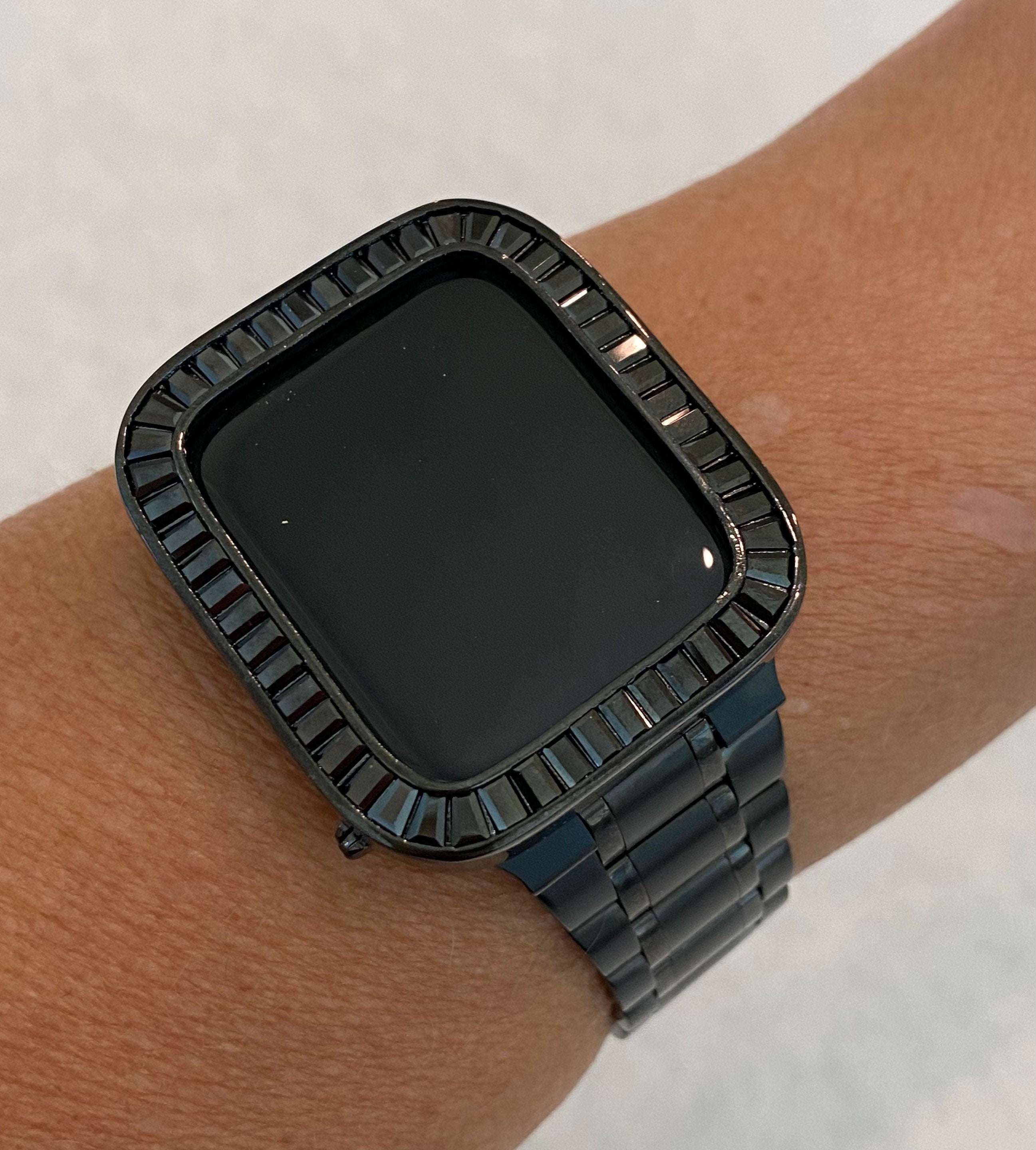 Series 1-9 Black Apple Watch Band Stainless Steel & or Lab Diamond Bezel Baguettes 38mm 40mm 41mm 42mm 44mm 45mm Smartwatch Bumper Bling