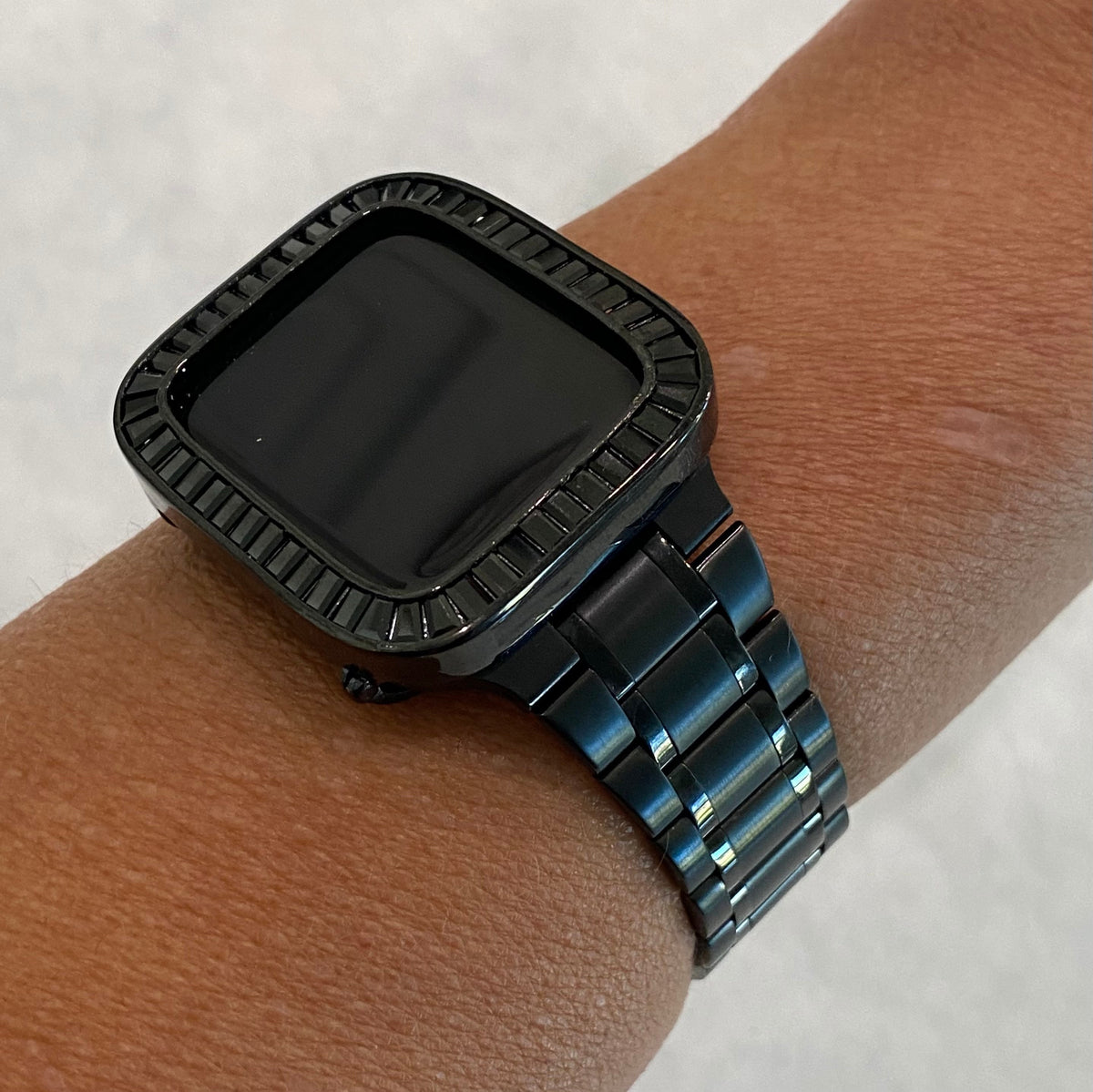 Series 2-11 Black Apple Watch Band Stainless Steel & or Lab Diamond Bezel Baguettes 38mm-46mm Smartwatch Bumper Bling