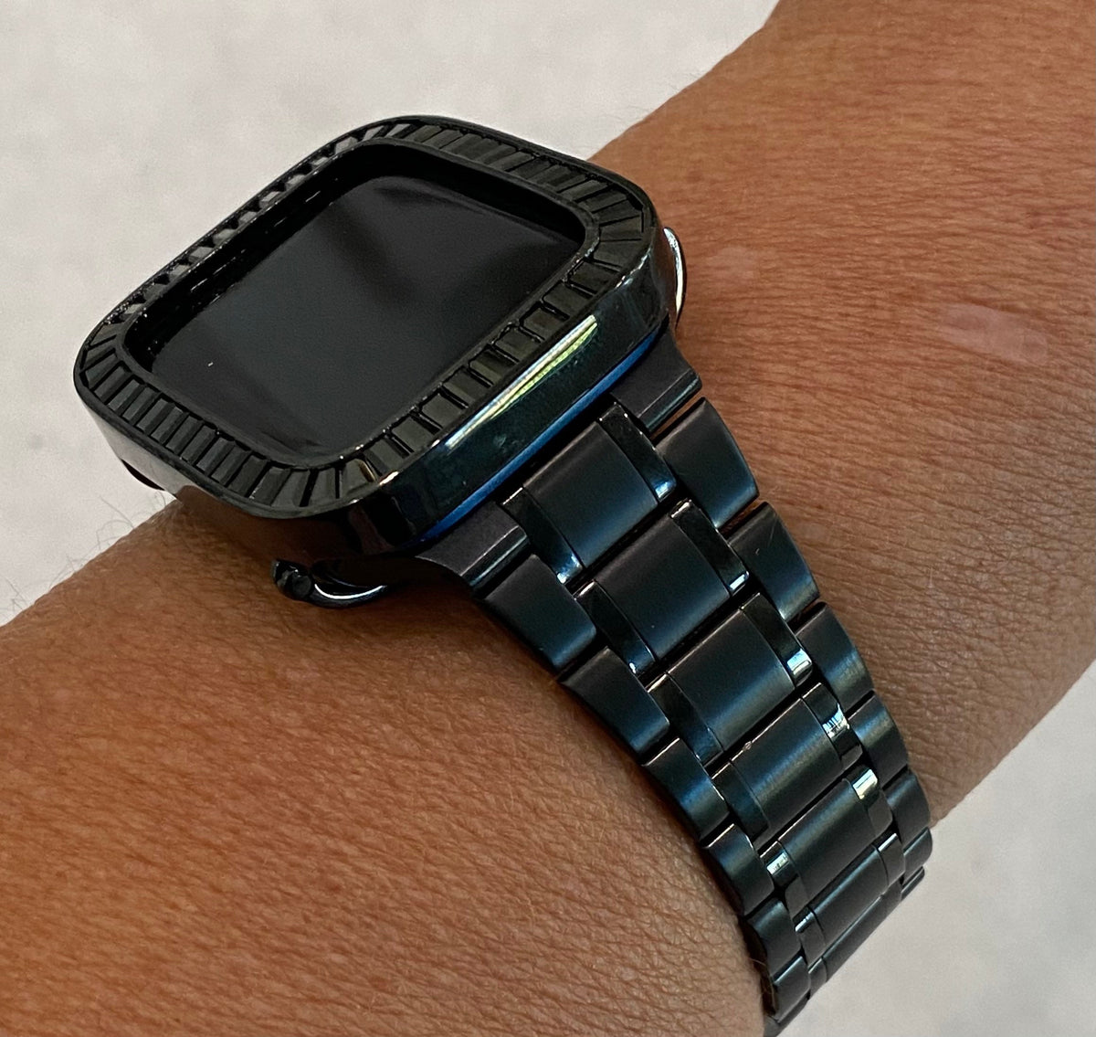 Series 2-11 Black Apple Watch Band Stainless Steel & or Lab Diamond Bezel Baguettes 38mm-46mm Smartwatch Bumper Bling