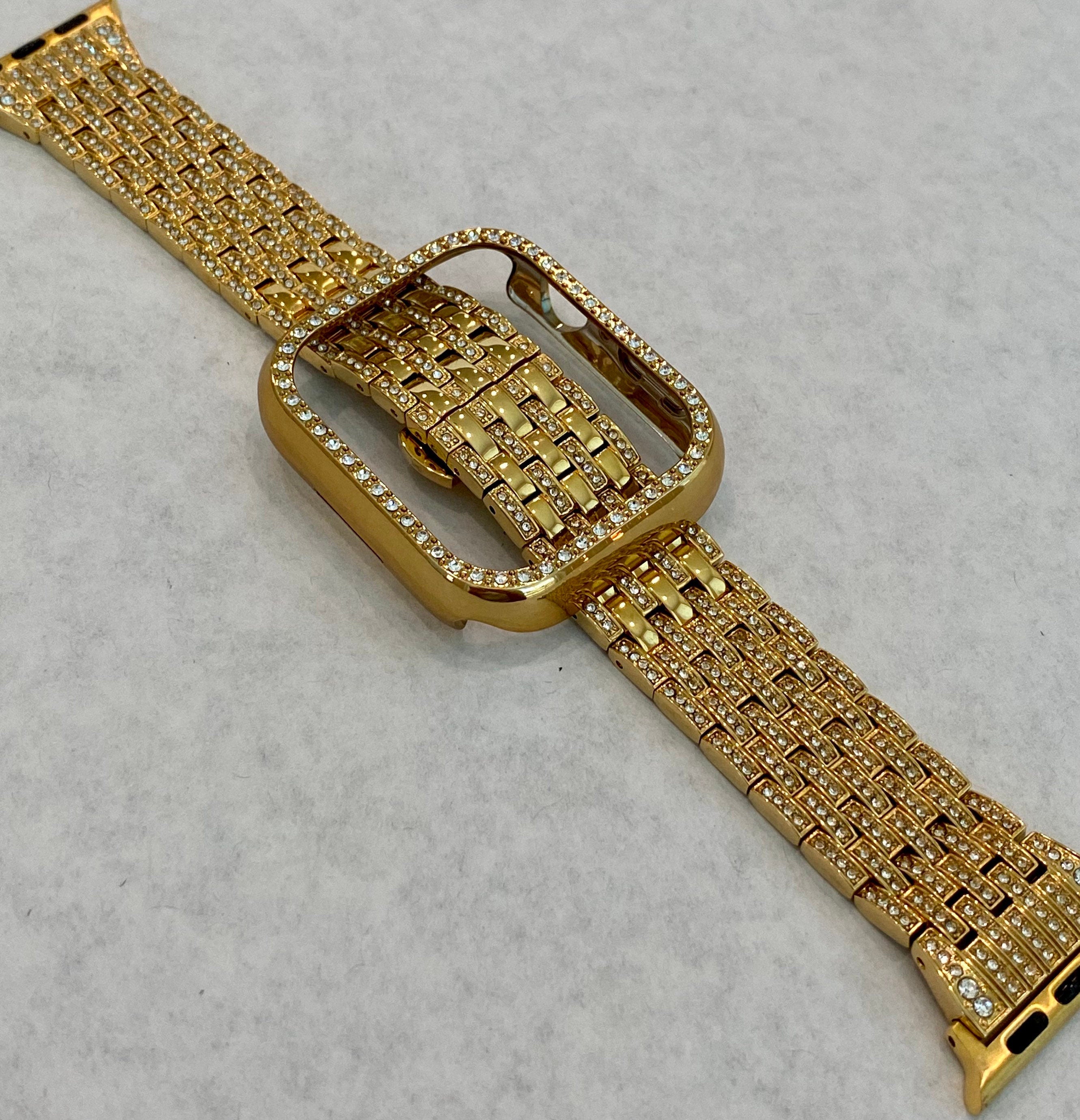 Apple Watch Band 41mm 45mm 49mm Ultra Yellow Gold Crystals & or Crystal Apple Watch Case Cover Bezel Smartwatch Bling