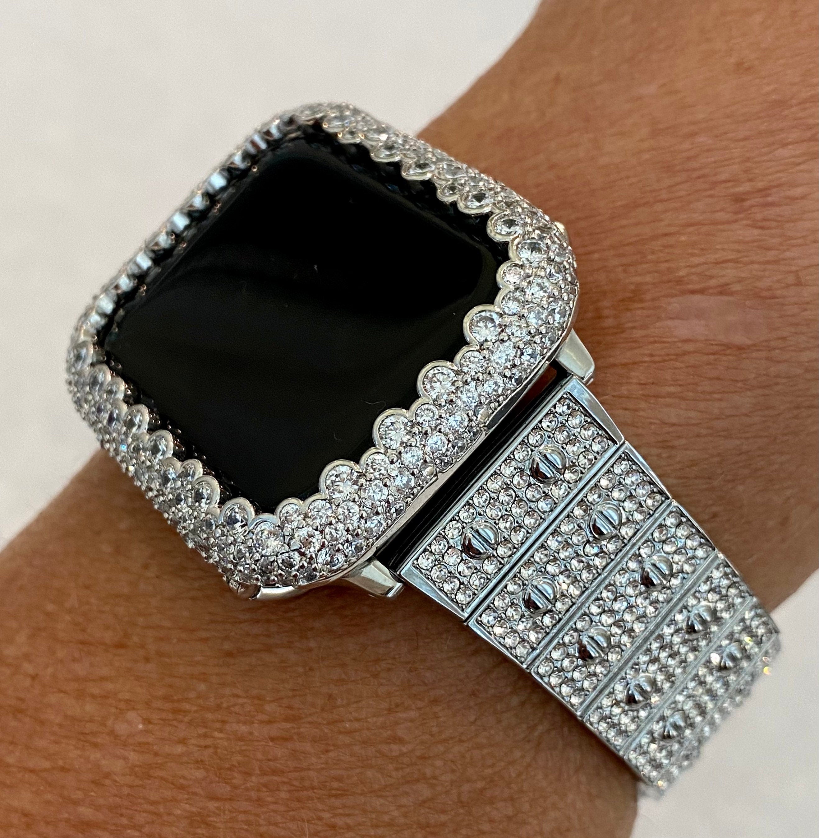 Silver Apple Watch Band Swarovski Crystal 38mm 40mm 41mm 42mm 44mm 45mm 46mm 49mm Ultra & or Apple Watch Case Lab Diamond Bezel Cover Bling
