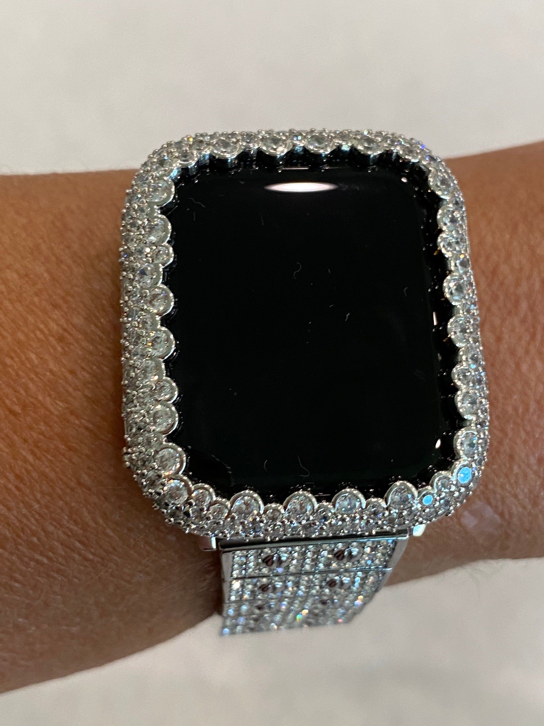 Silver Apple Watch Band Swarovski Crystal 38mm 40mm 41mm 42mm 44mm 45mm 46mm 49mm Ultra & or Apple Watch Case Lab Diamond Bezel Cover Bling