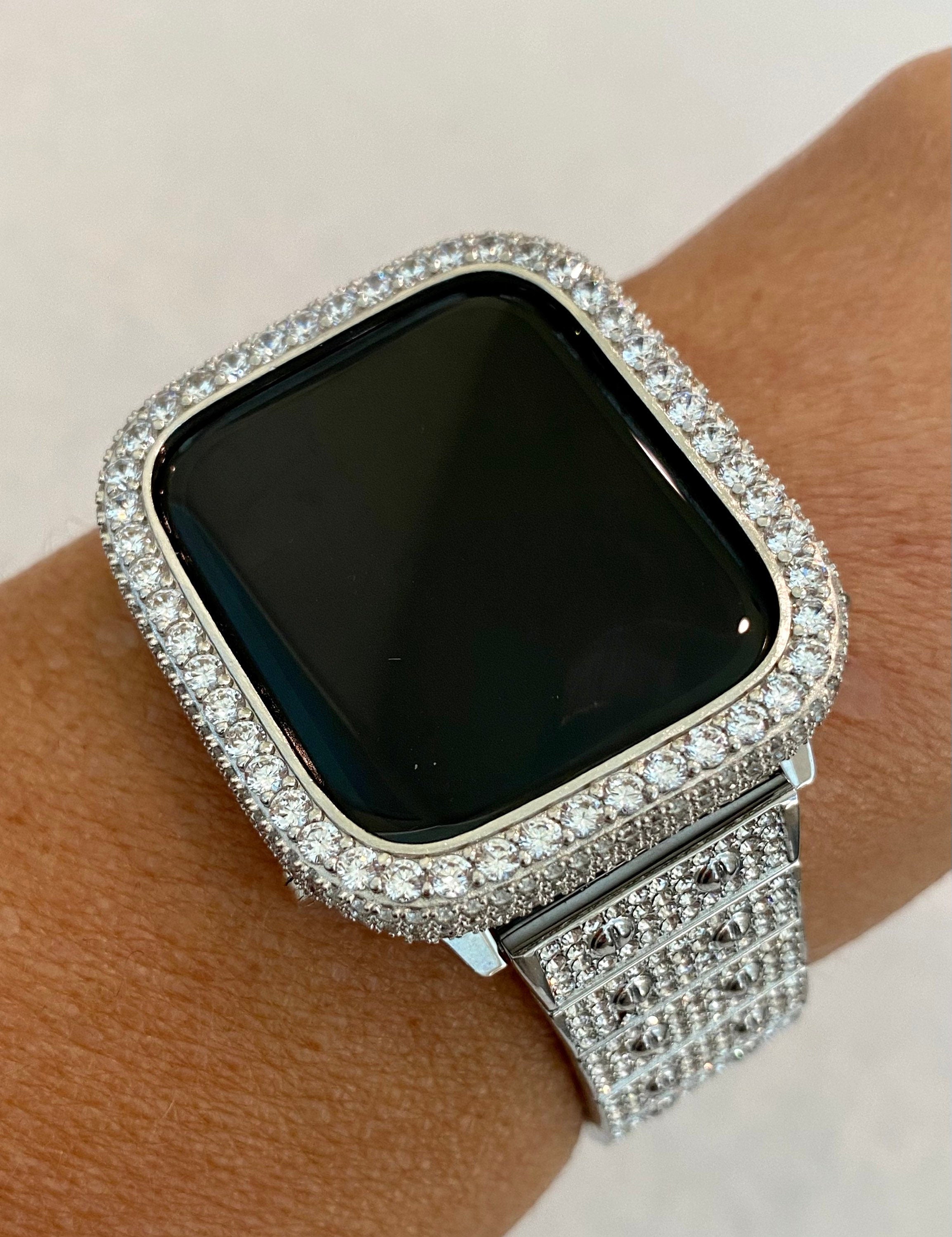 Silver Apple Watch Band Pave Swarovski Crystal 38 40 41 42 44 45 46 49mm Ultra & orApple Watch Cover Lab Diamond Bezel Bling Series 2-11