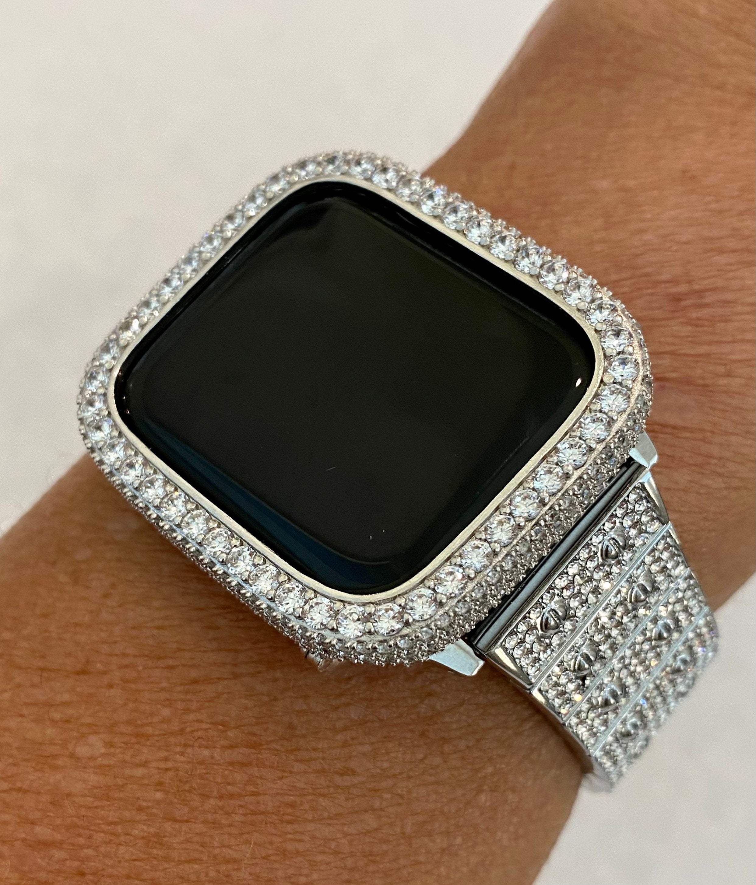 Silver Apple Watch Band Pave Swarovski Crystal 38 40 41 42 44 45 46 49mm Ultra & orApple Watch Cover Lab Diamond Bezel Bling Series 2-11