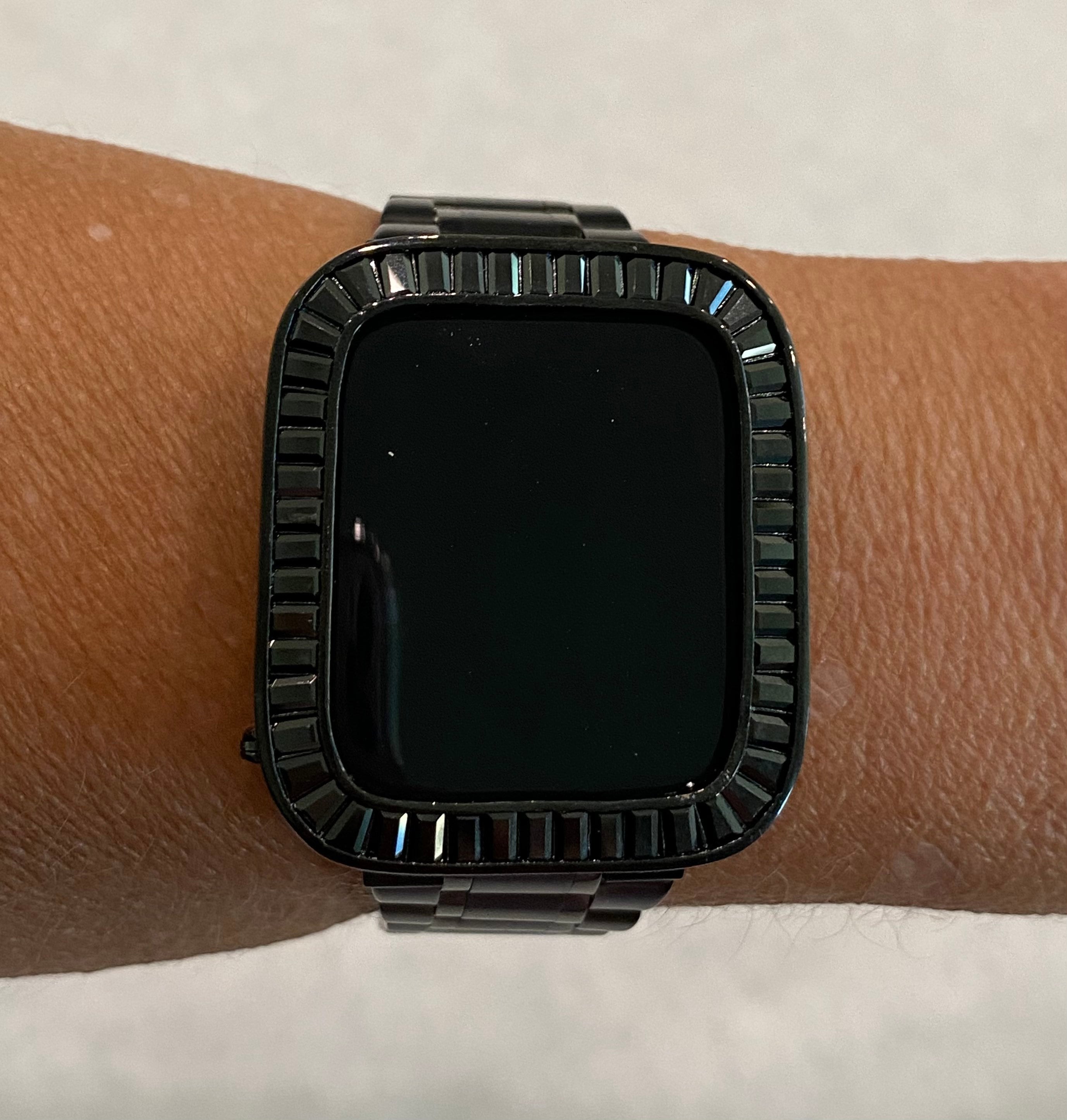 Series 1-9 Black Apple Watch Band Stainless Steel & or Lab Diamond Bezel Baguettes 38mm 40mm 41mm 42mm 44mm 45mm Smartwatch Bumper Bling