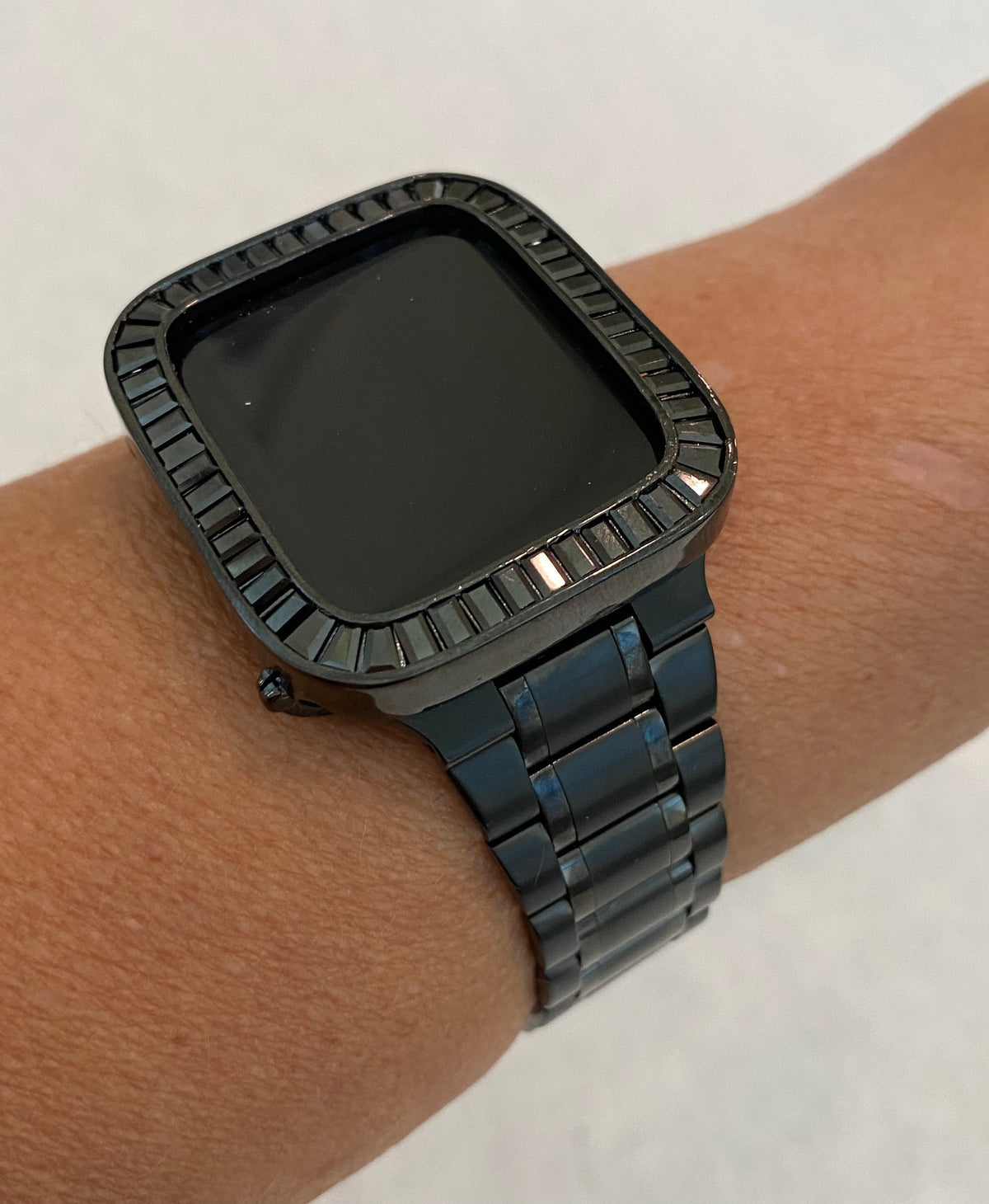 Series 2-11 Black Apple Watch Band Stainless Steel & or Lab Diamond Bezel Baguettes 38mm-46mm Smartwatch Bumper Bling