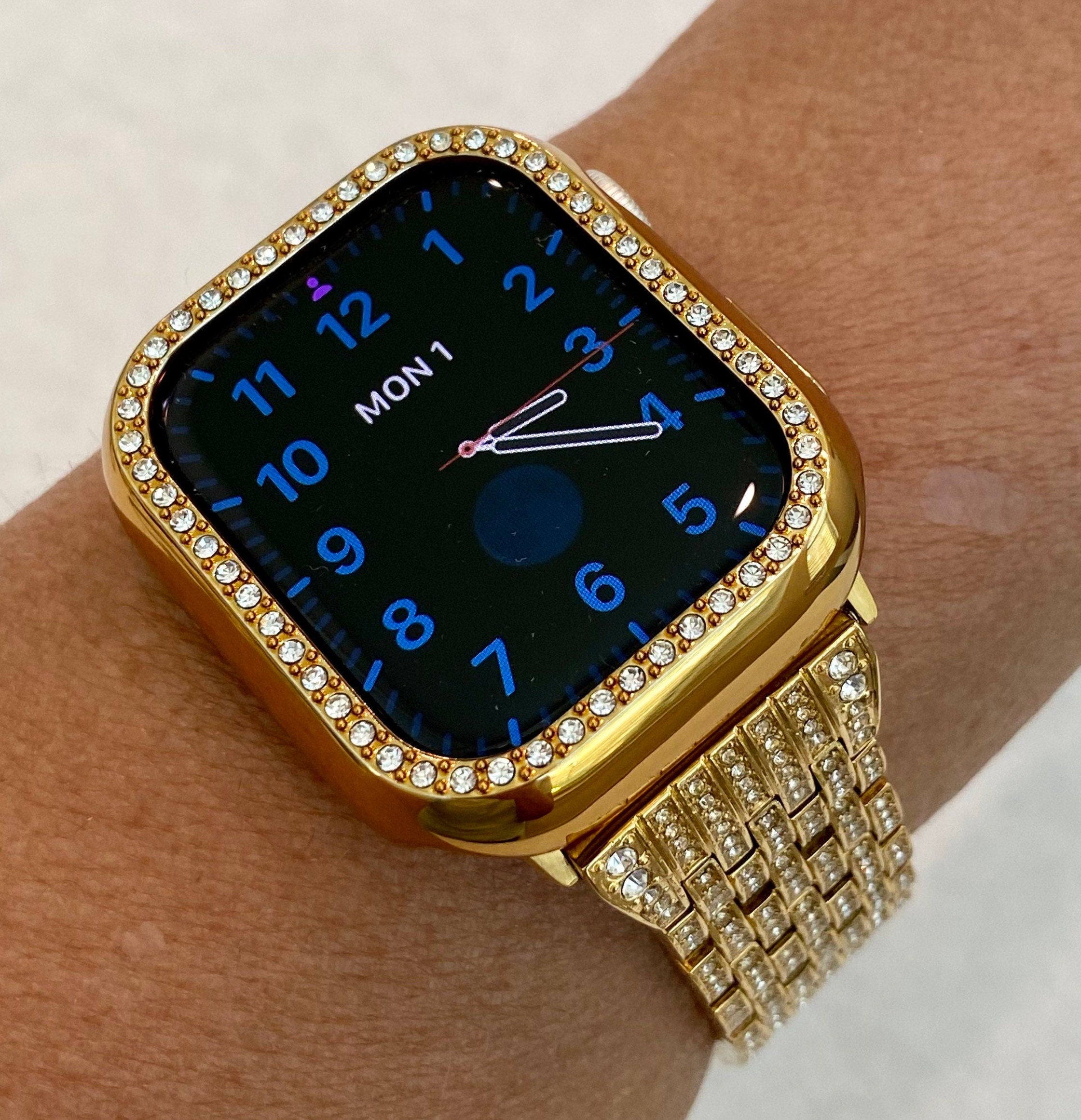 Apple Watch Band 41mm 45mm 49mm Ultra Yellow Gold Crystals & or Crystal Apple Watch Case Cover Bezel Smartwatch Bling