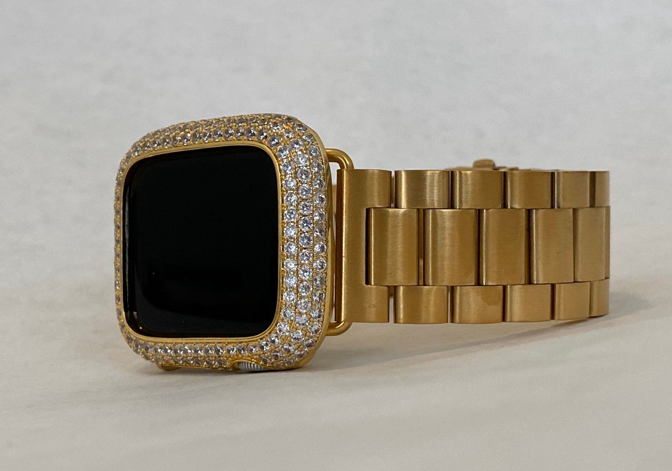 Apple Watch Band Mens Gold Stainless Style & or Apple Watch Cover Lab Diamond Bezel Case Smartwatch Bumper 38mm-49mm Ultra Series 1-10 SE