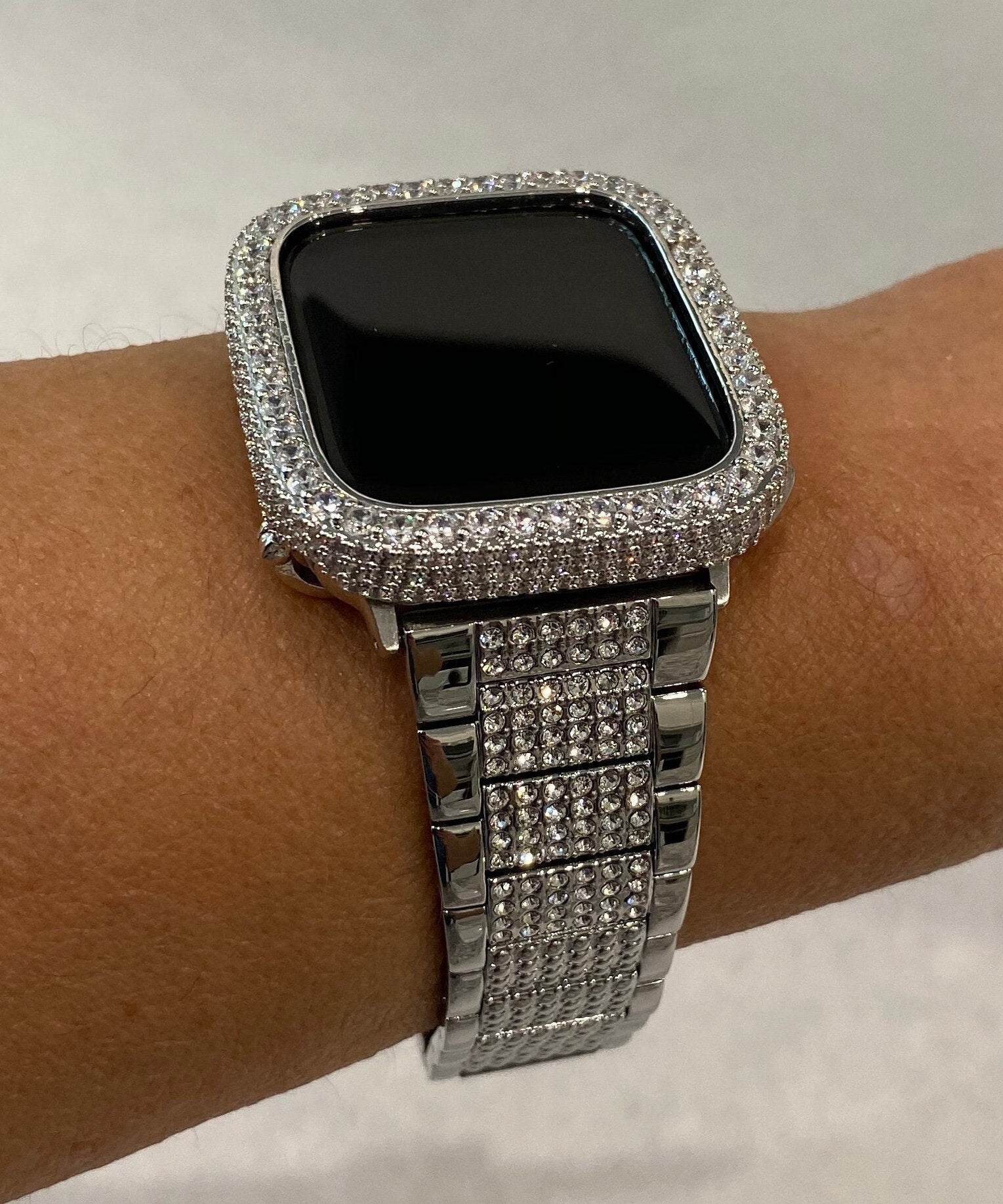 Series 10-11 Apple Watch Band Silver Stainless Steel Swarovski Crystals & or Apple Watch Cover 2.5mm Lab Diamond Bezel Iwatch Case 38mm-49mm