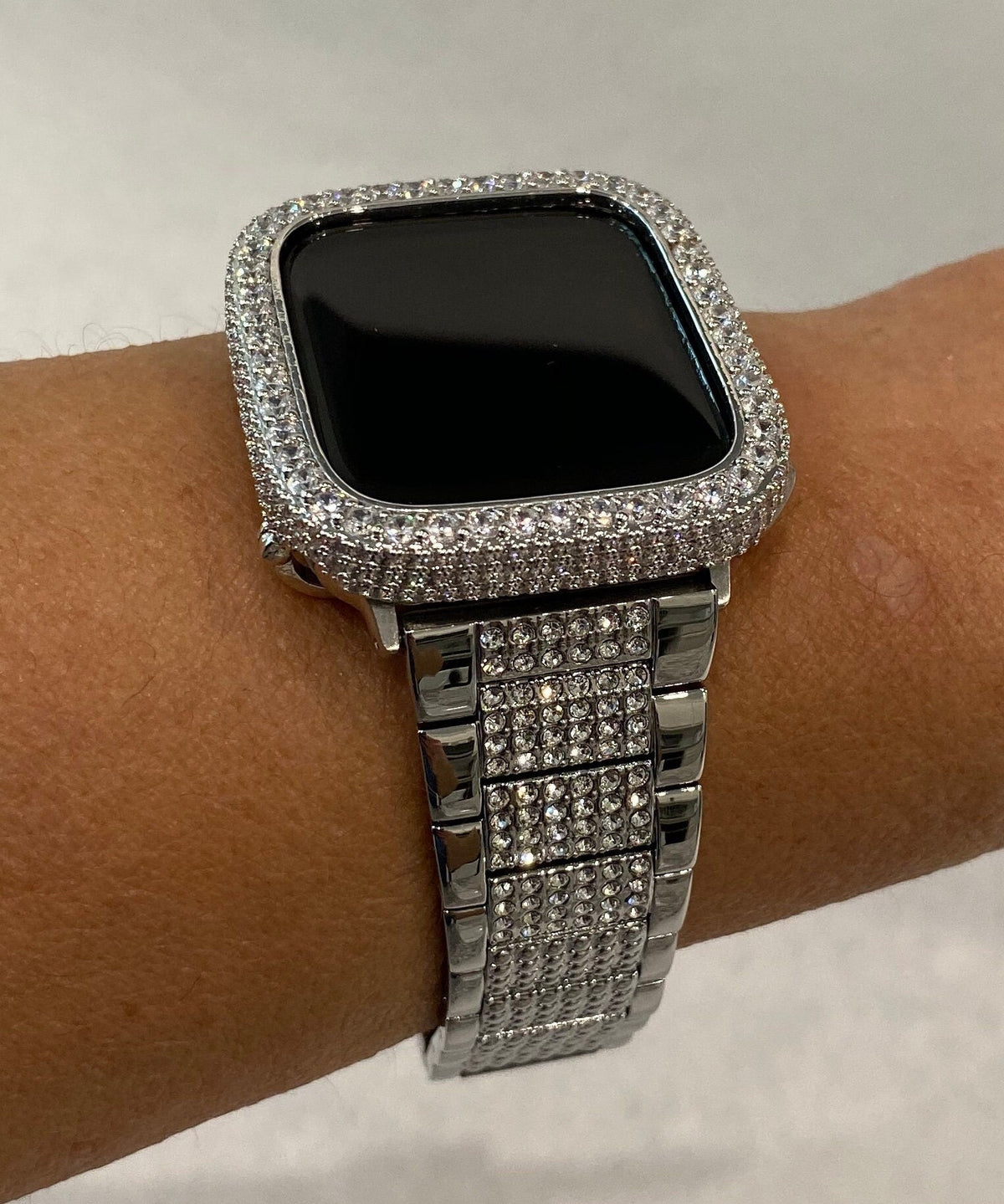 Series 10-11 Apple Watch Band Silver Stainless Steel High End Crystals & or Apple Watch Cover 2.5mm Lab Diamond Bezel Iwatch Case 38mm-49mm