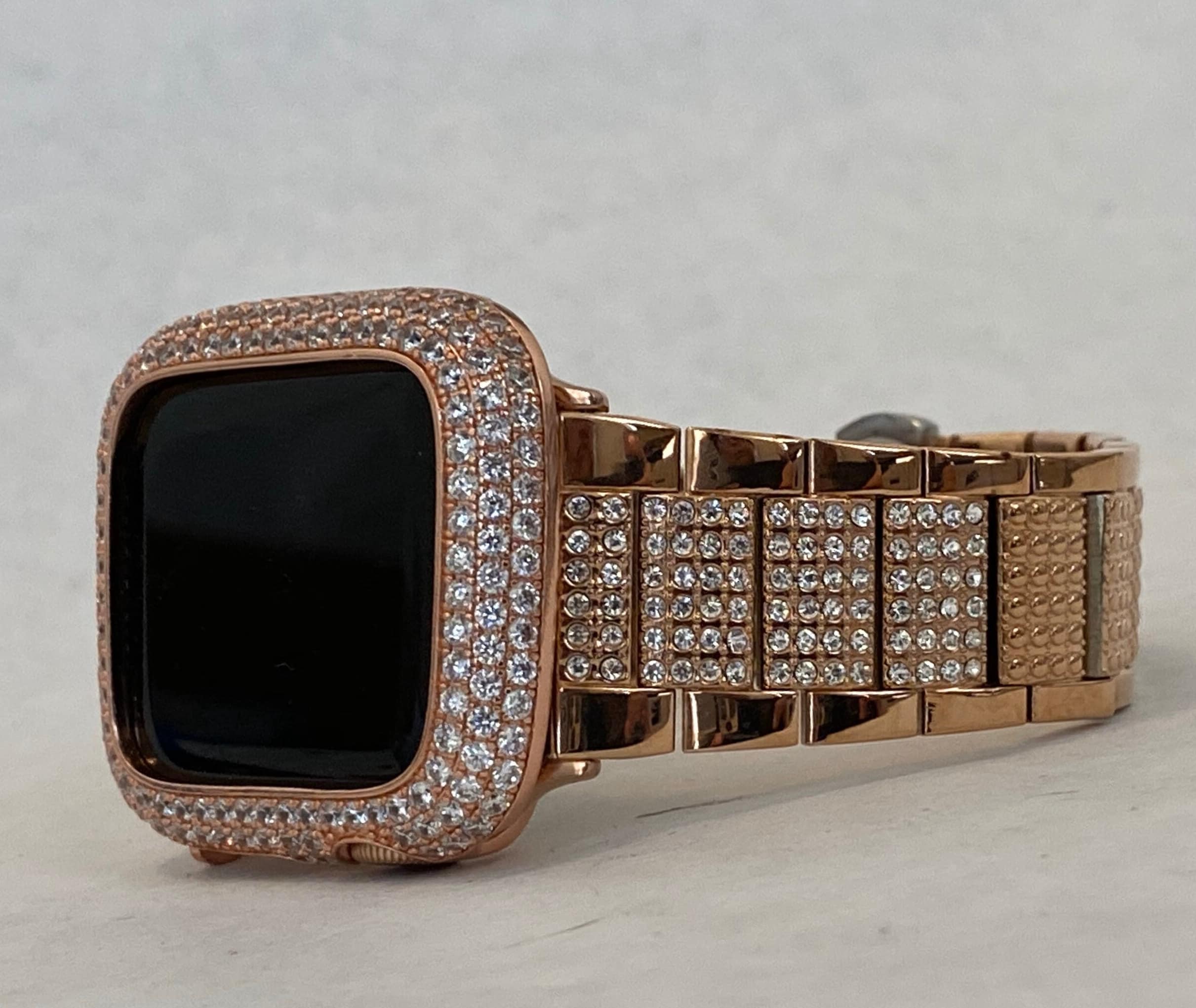 Series 11 Apple Watch Band Woman Rose Gold Swarovski Crystals Stainless Steel & or Apple Watch Cover Lab Diamond Bezel Cover 38mm-49mm Ultra
