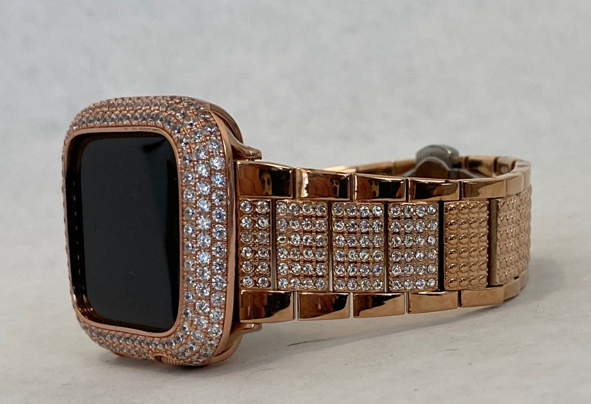 Series 11 Apple Watch Band Woman Rose Gold Swarovski Crystals Stainless Steel & or Apple Watch Cover Lab Diamond Bezel Cover 38mm-49mm Ultra