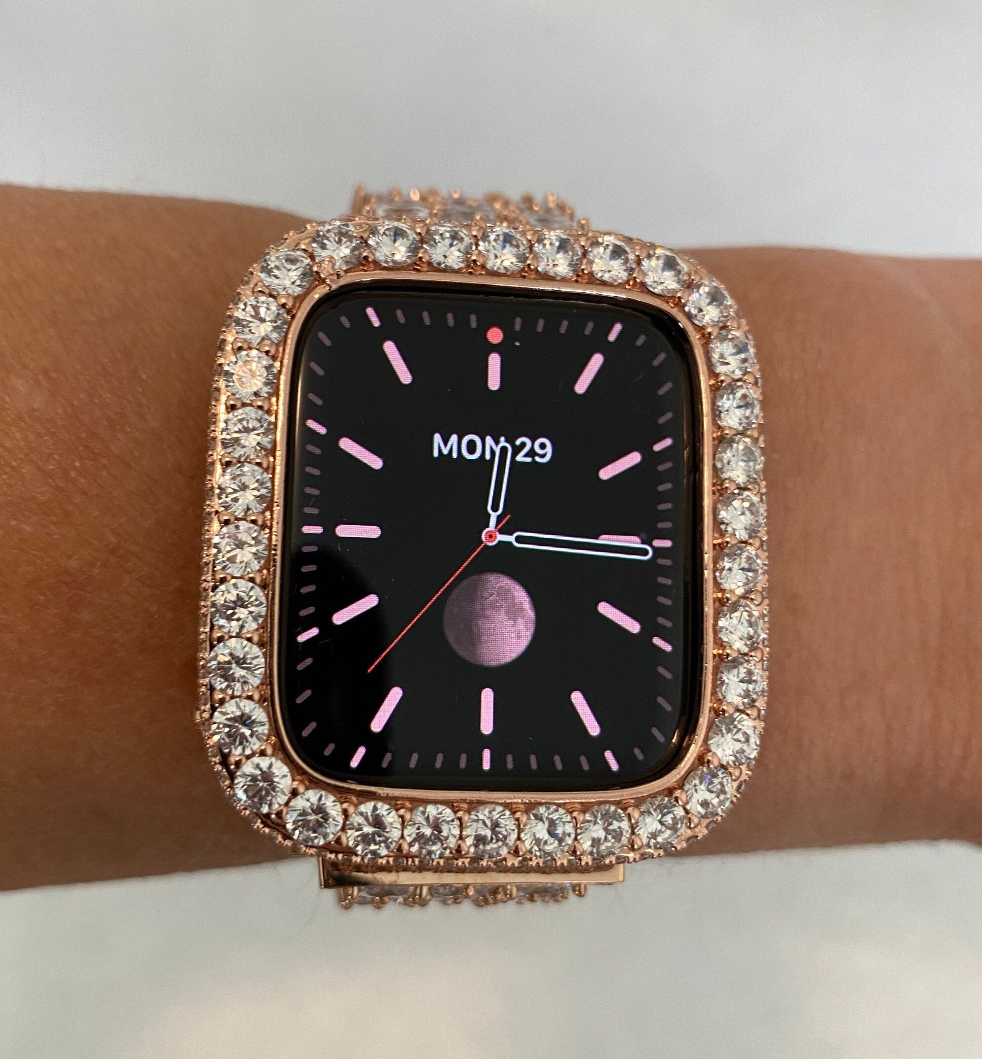 Rose Gold Apple Watch Case 3.5mm Lab Diamond Bezel Apple Watch Cover Bling 38mm to 45mm Series 1-8 Smartwatch Bumper Iwatch Candy