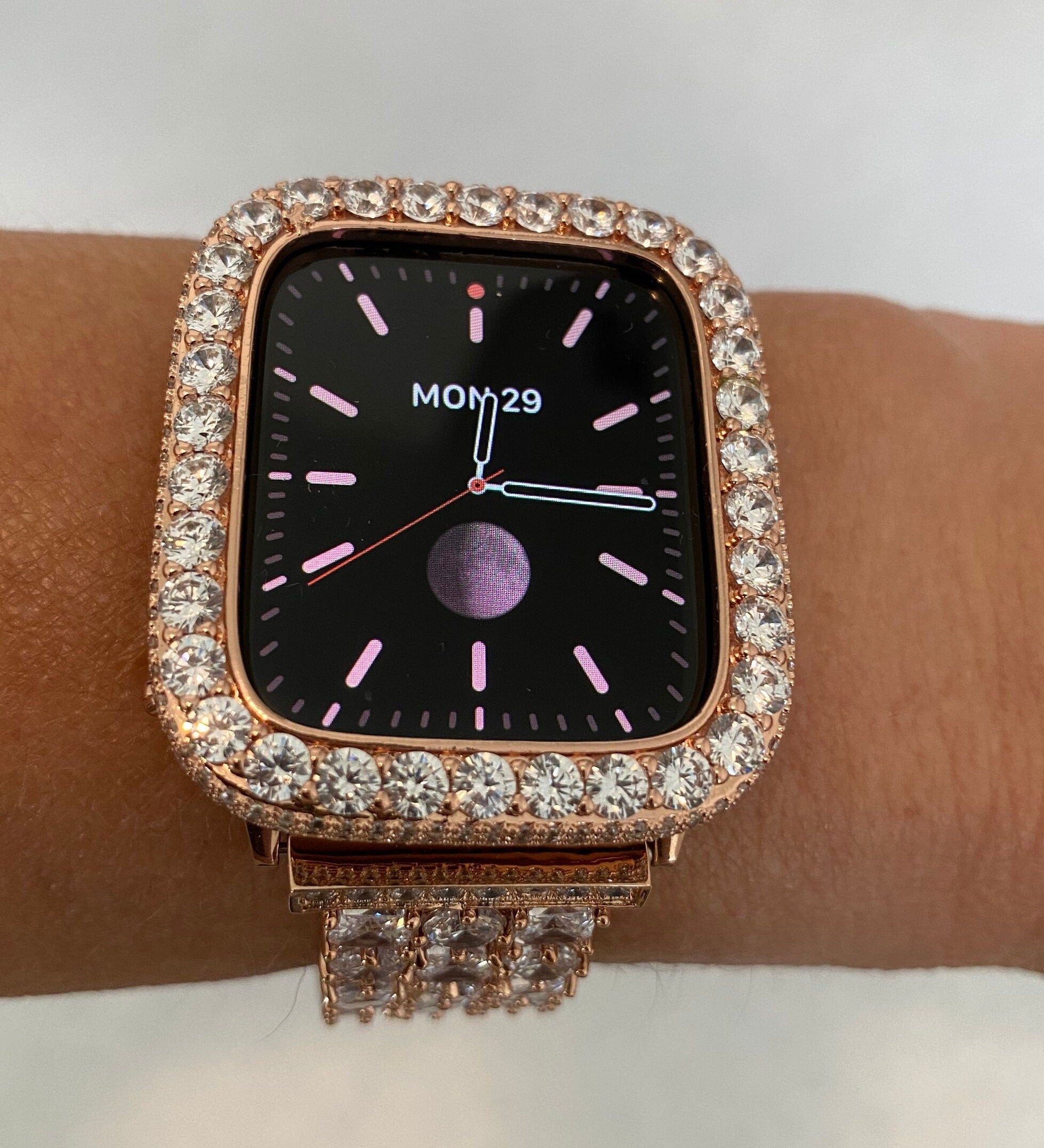 Rose Gold Apple Watch Case 3.5mm Lab Diamond Bezel Apple Watch Cover Bling 38mm to 45mm Series 1-8 Smartwatch Bumper Iwatch Candy