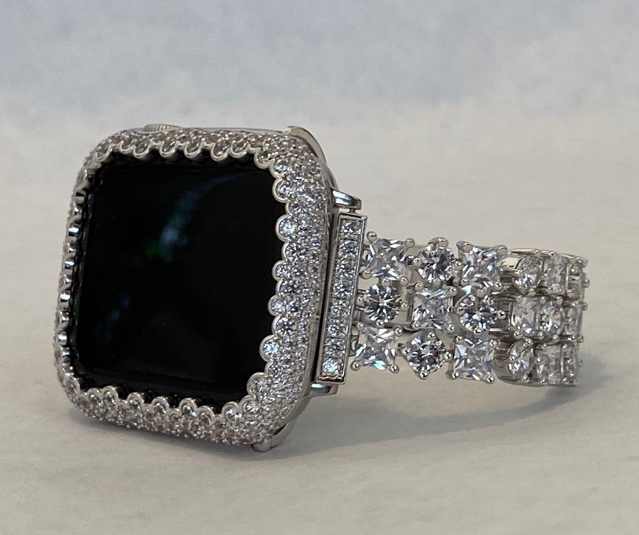 Apple Watch Band 41mm or 45mm 49mm Ultra Women's Silver Crystal & or Lab Diamond Bezel Bumper Cover Smartwatch Series 8