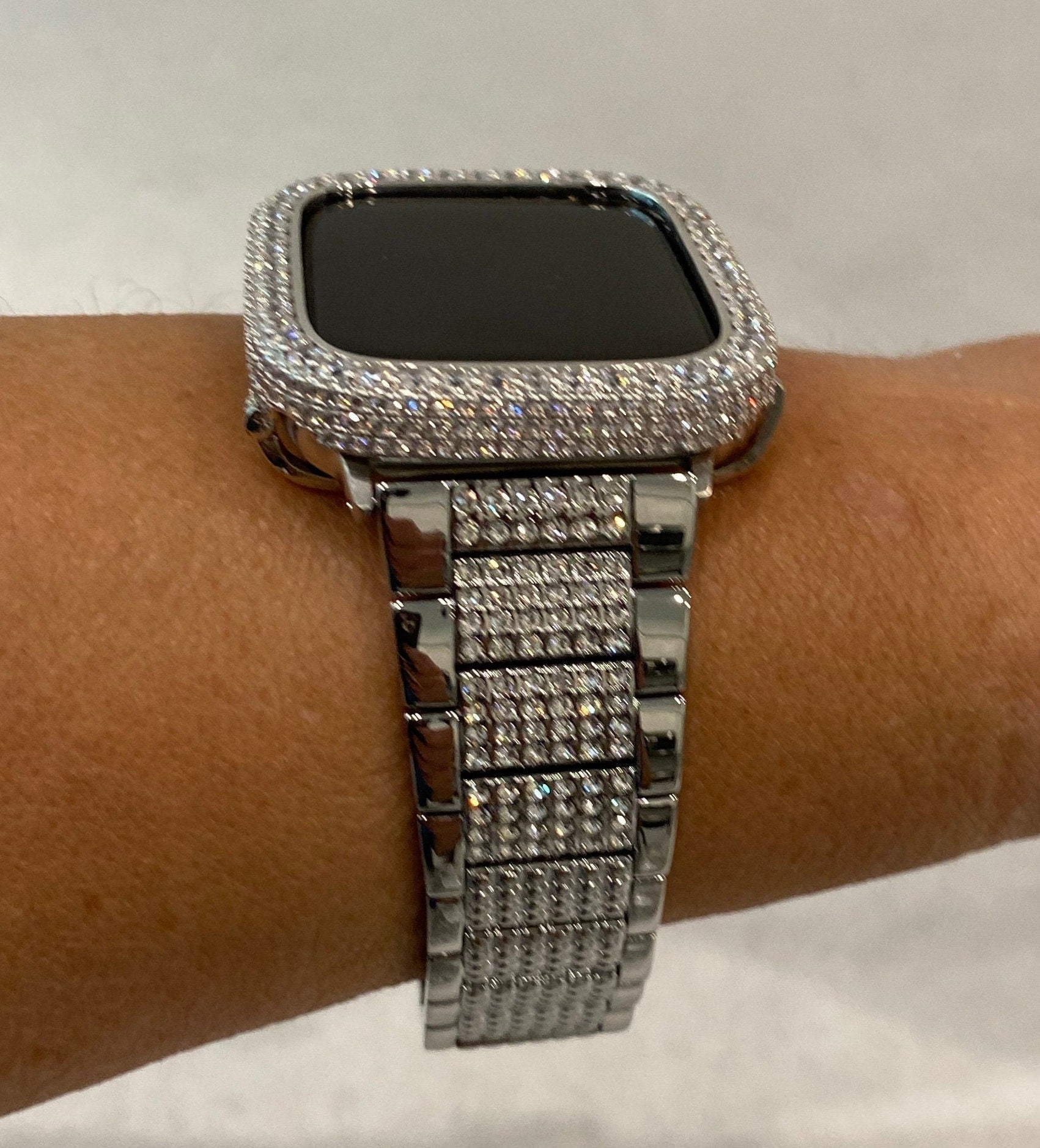 Series 10 Apple Watch Band Silver Stainless Steel Swarovski Crystals & or Apple Watch Cover 2.5mm Lab Diamond Bezel Iwatch Case 38mm-49mm