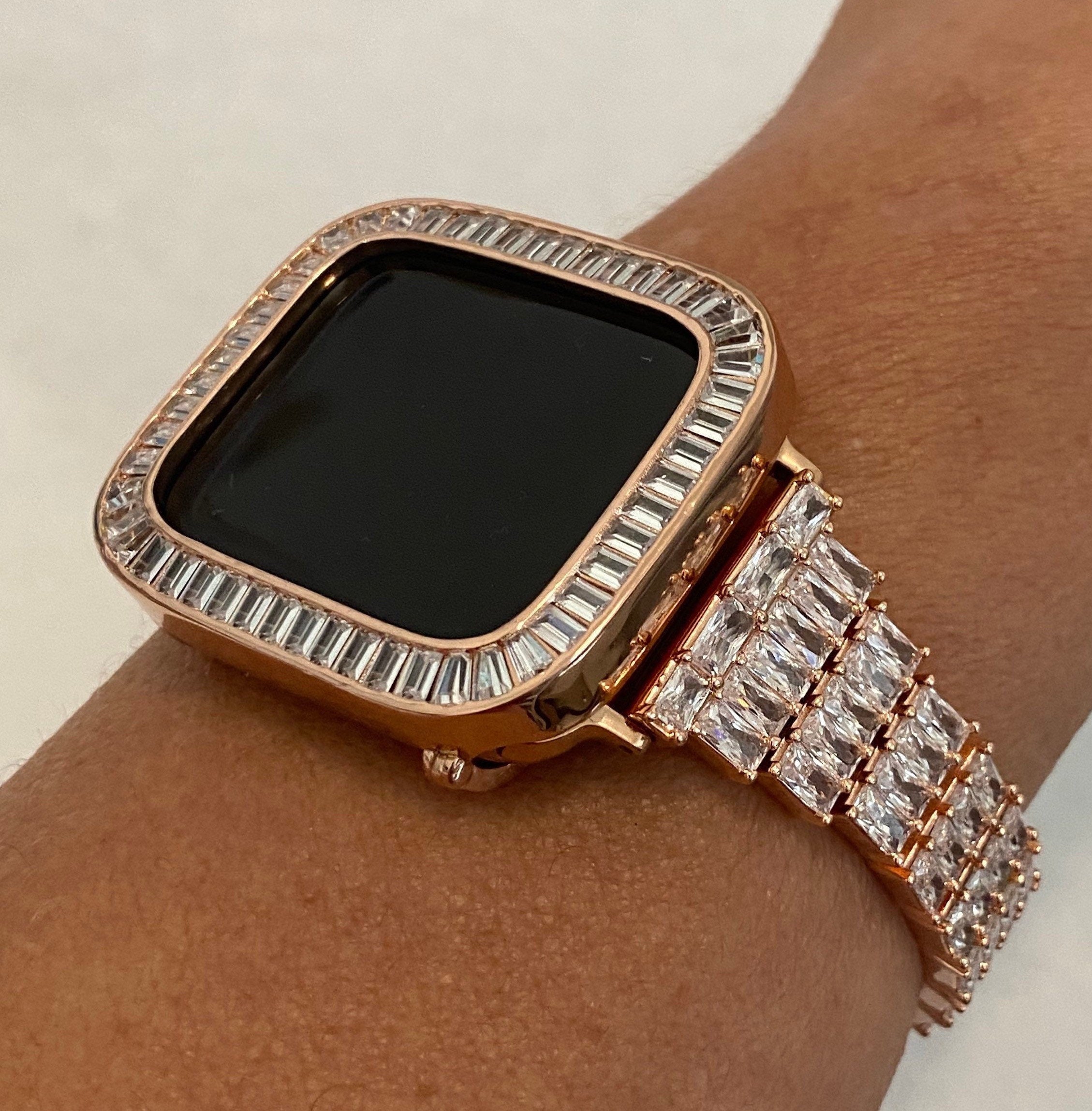 Series 2-9 Apple Watch Band Rose Gold Baguette Swarovski Crystals & or Apple Watch Case Lab Diamond Bezel Apple WatchCover 38mm-45mm Bling