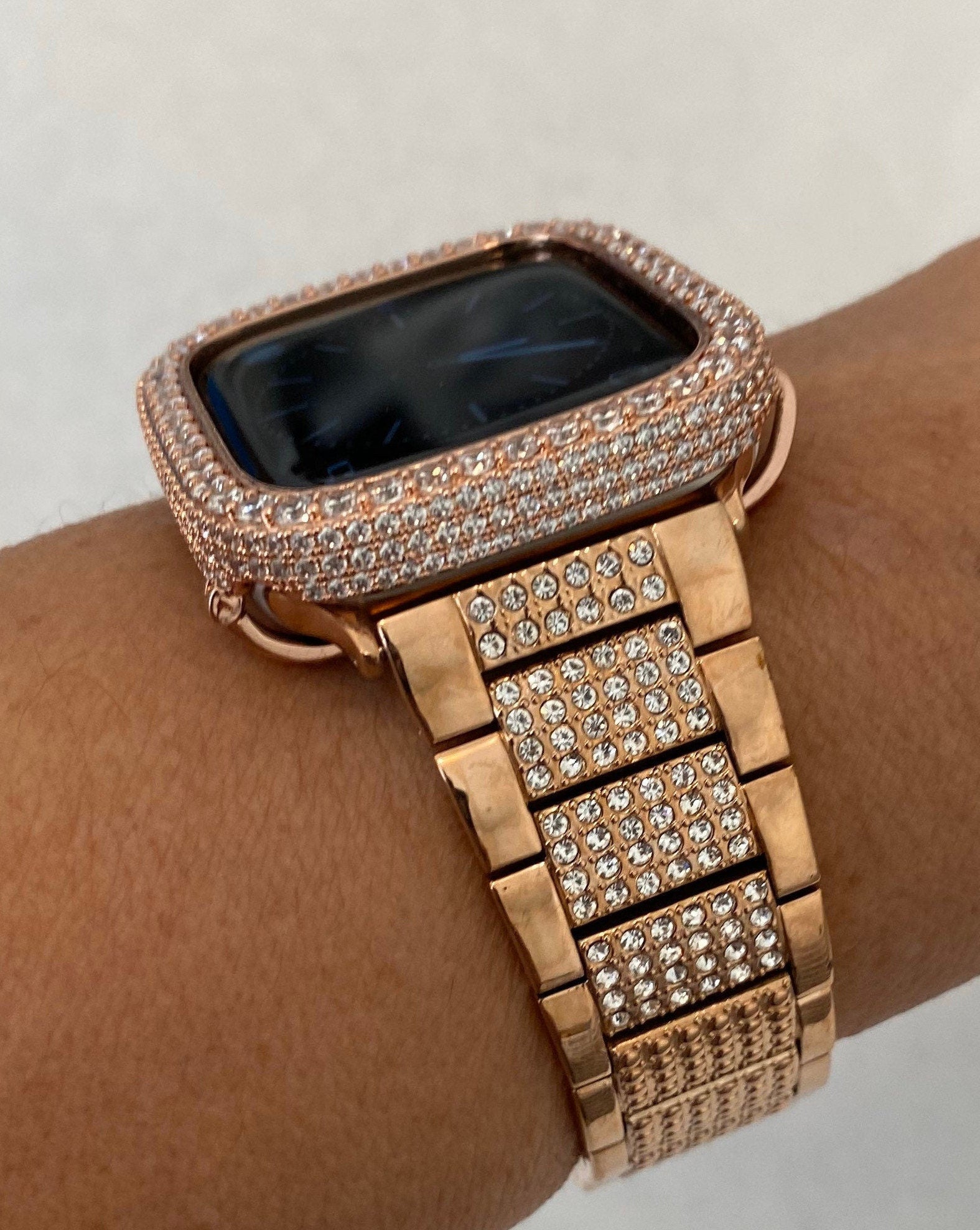 Rose Gold Apple Watch Band Stainless Steel Swarovski Crystal & or Apple Watch Case Lab Diamond Iphone Watch Cover 38mm-49mm Ultra Bling Band