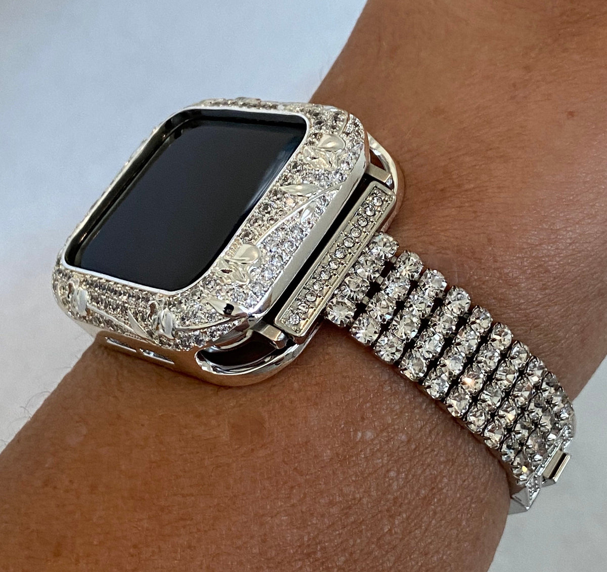 Series 2-12 Apple Watch Band Women Swarovski Crystals Silver & or Apple Watch Case for Iphone Watch 38mm-45mm Smartwatch Bumper Case Bling