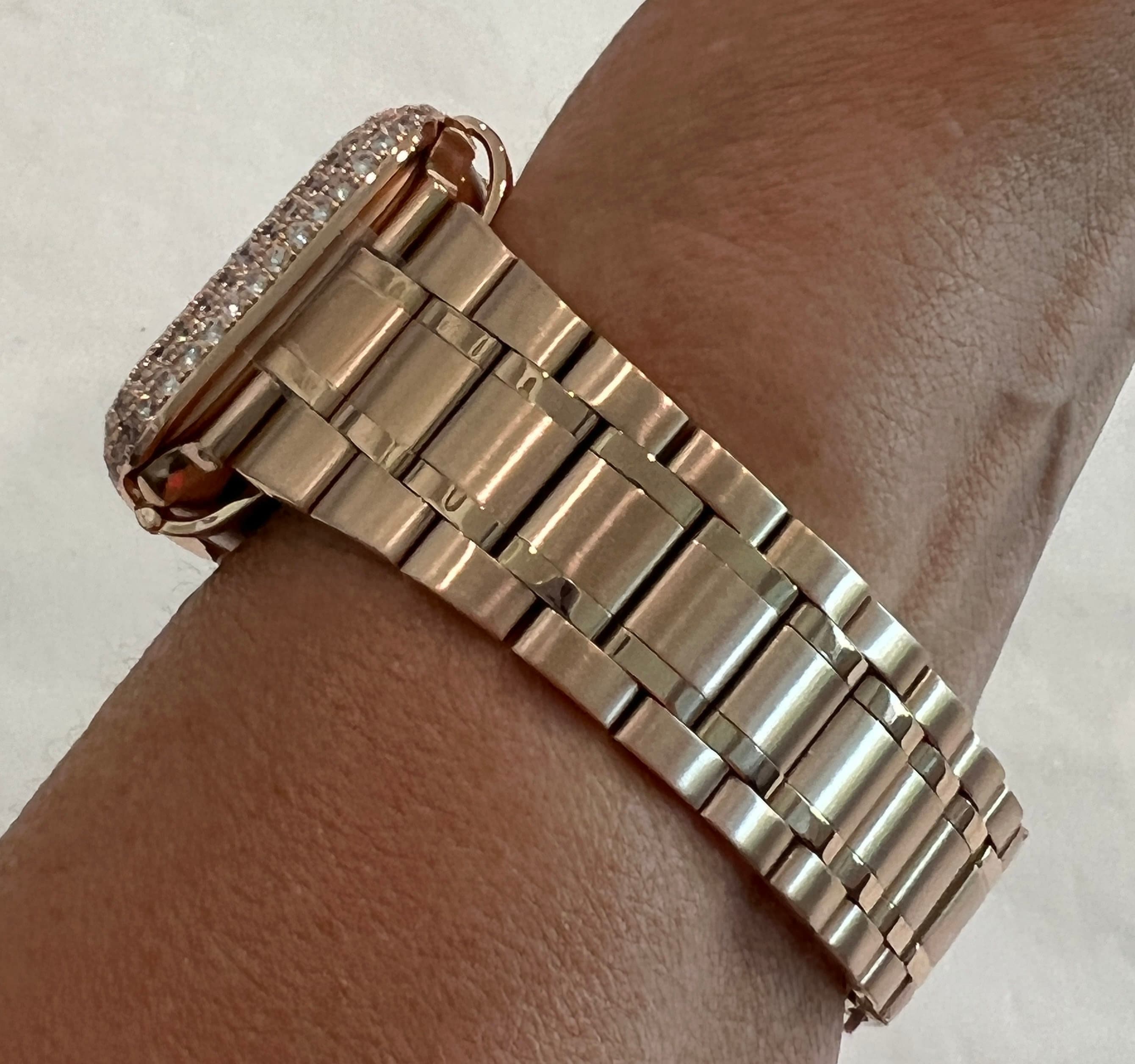 Apple Watch Band 41mm 45mm 49mm Ultra Rose Gold Stainless Steel Ultra Thin & or Lab Diamond Bezel Cover Bling for Smartwatch 38-45mm S 2-11
