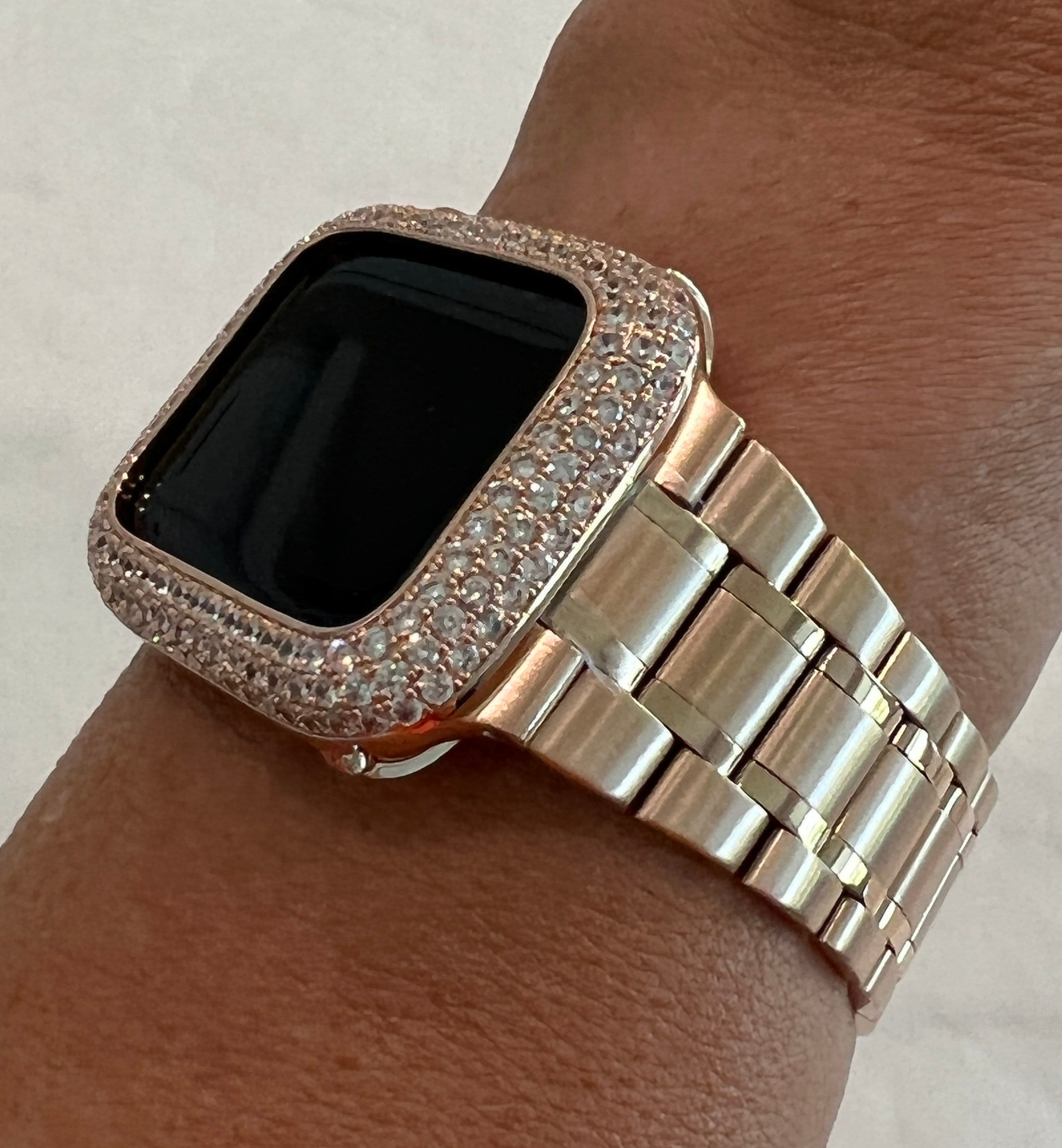 Apple Watch Band 41mm 45mm 49mm Ultra Rose Gold Stainless Steel Ultra Thin & or Lab Diamond Bezel Cover Bling for Smartwatch 38-45mm S 2-11