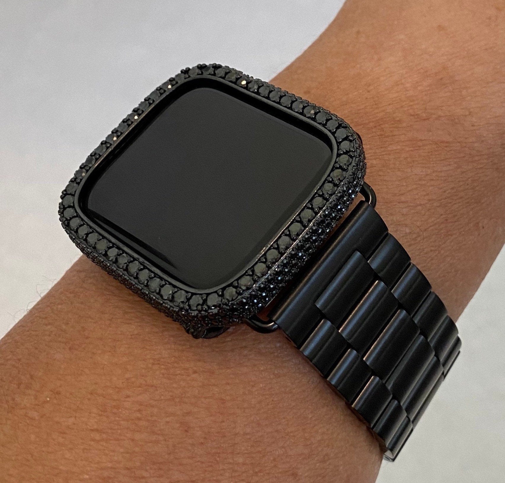 Apple Watch Band Black Stainless Steel & or Apple Watch Cover Lab Diamond Bezel Case 38mm-49mm Ultra Smartwatch Bumper Bling Series 10-11