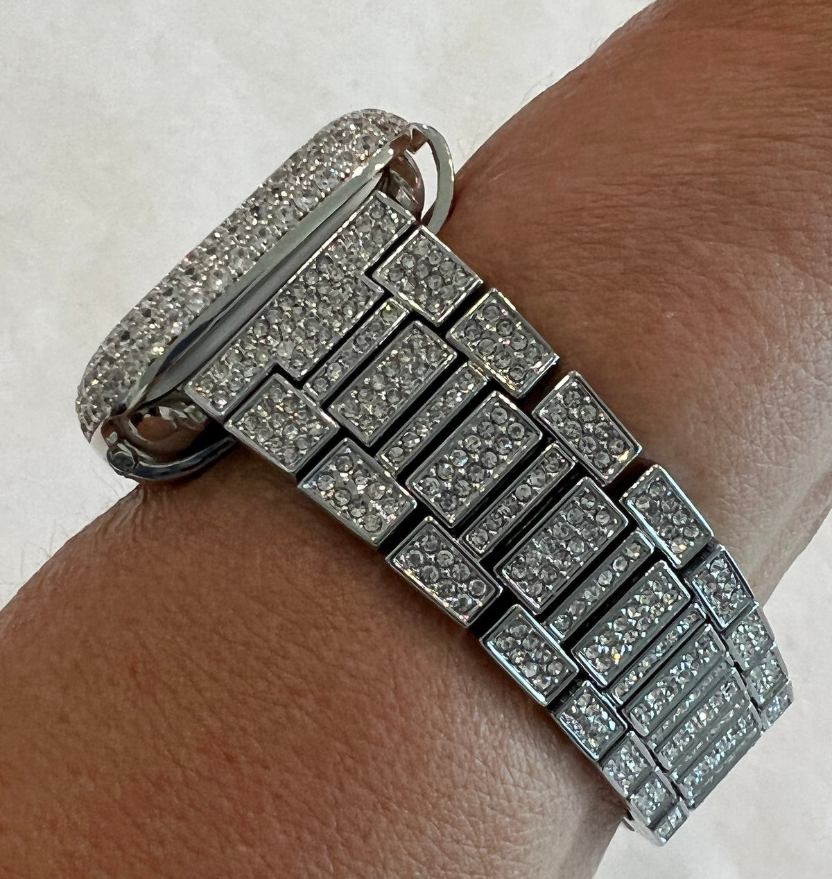 Pave Apple Watch Band Women 38mm-49mm Ultra Silver High End Crystal & or Iphone Watch Cover Lab Diamond Bezel