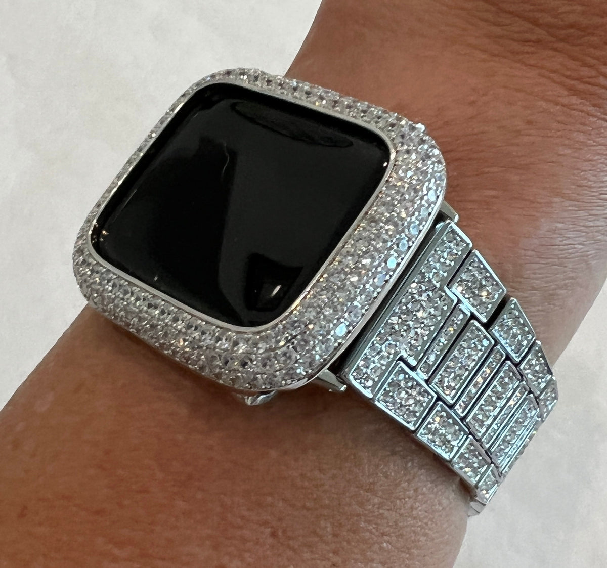 Pave Apple Watch Band Women 38mm-49mm Ultra Silver High End Crystal & or Iphone Watch Cover Lab Diamond Bezel