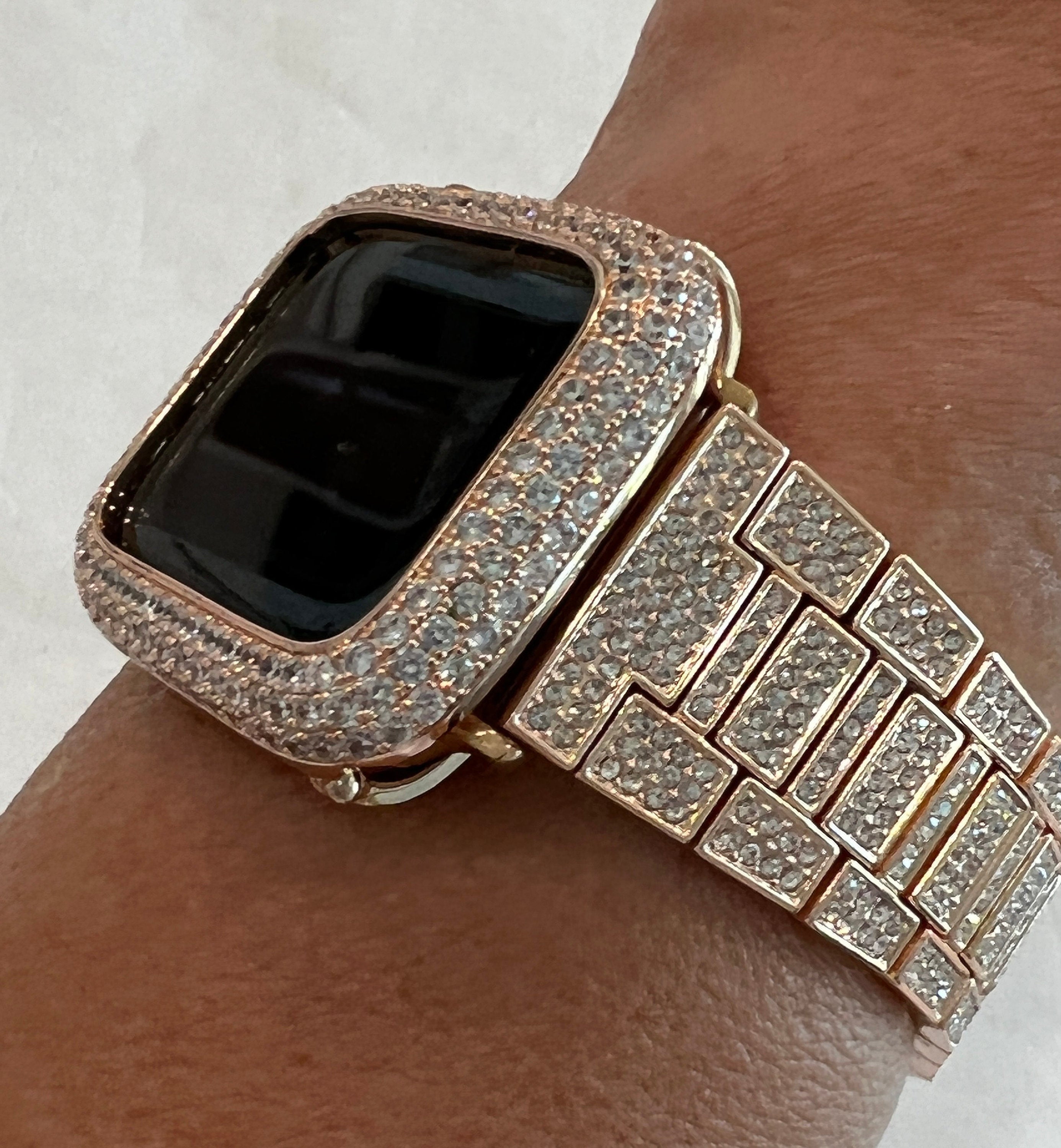 Pave Apple Watch Band Women 38 40 41 42 44 45 46 49 Ultra Swarovski Crystal Rose Gold & or Apple Watch Cover Lab Diamond Bezel Series 10-11