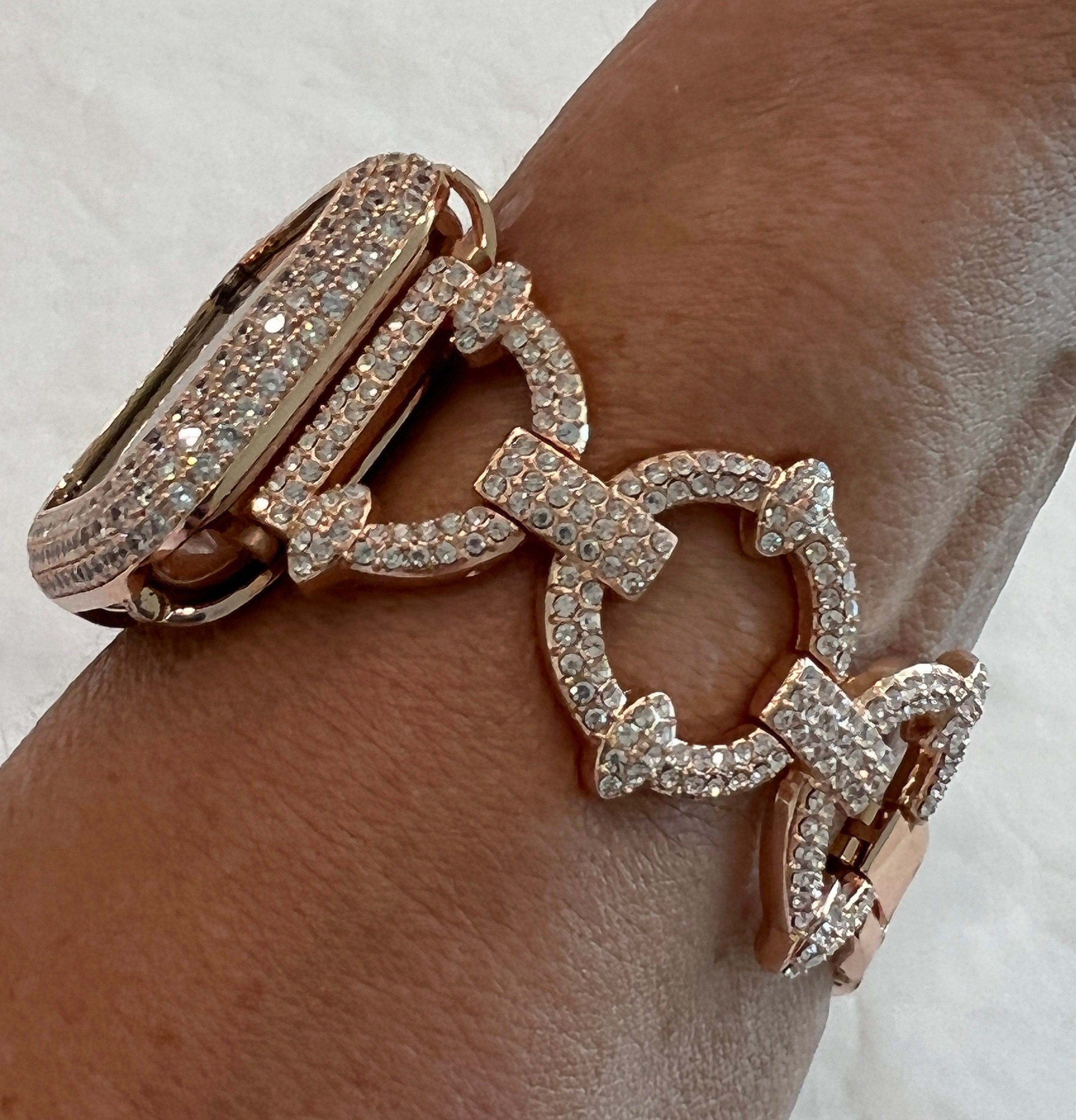Pave Apple Watch Band Women 38 40 41 42 44 45 46 49mm Ultra Rose Gold Swarovski Crystals & or Apple Watch Case Lab Diamond Bezel Cover Bling