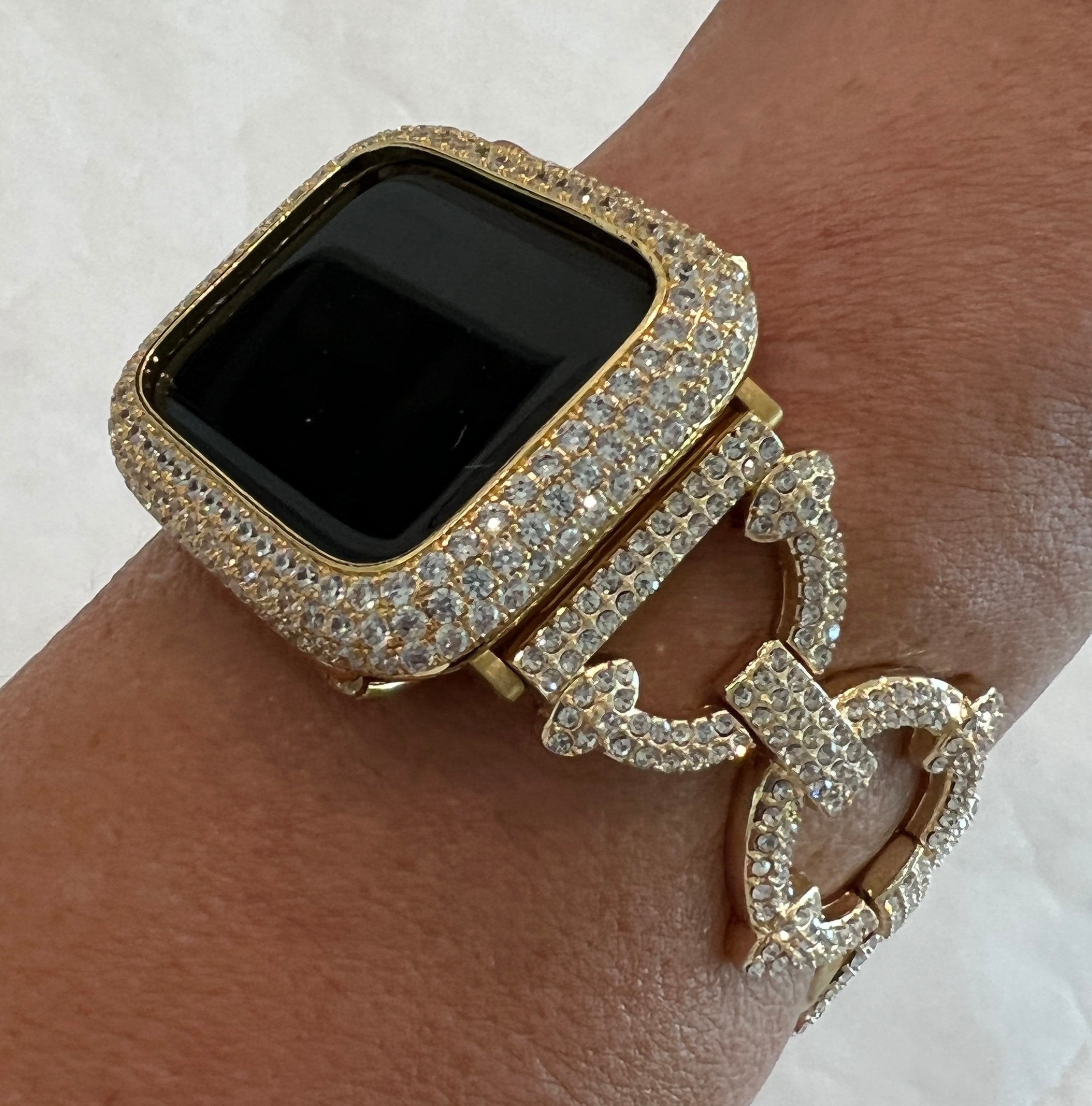 Statement Piece Pave Apple Watch Band Womens in sizes 38 40 41 42 44 45 49mm Ultra Gold with Swarovski Crystals & or Apple Watch Cover set with Lab Diamonds in 14k Gold Plated Bezel Cover Protective Smartwatch Case Bling from Iwatch Candy
