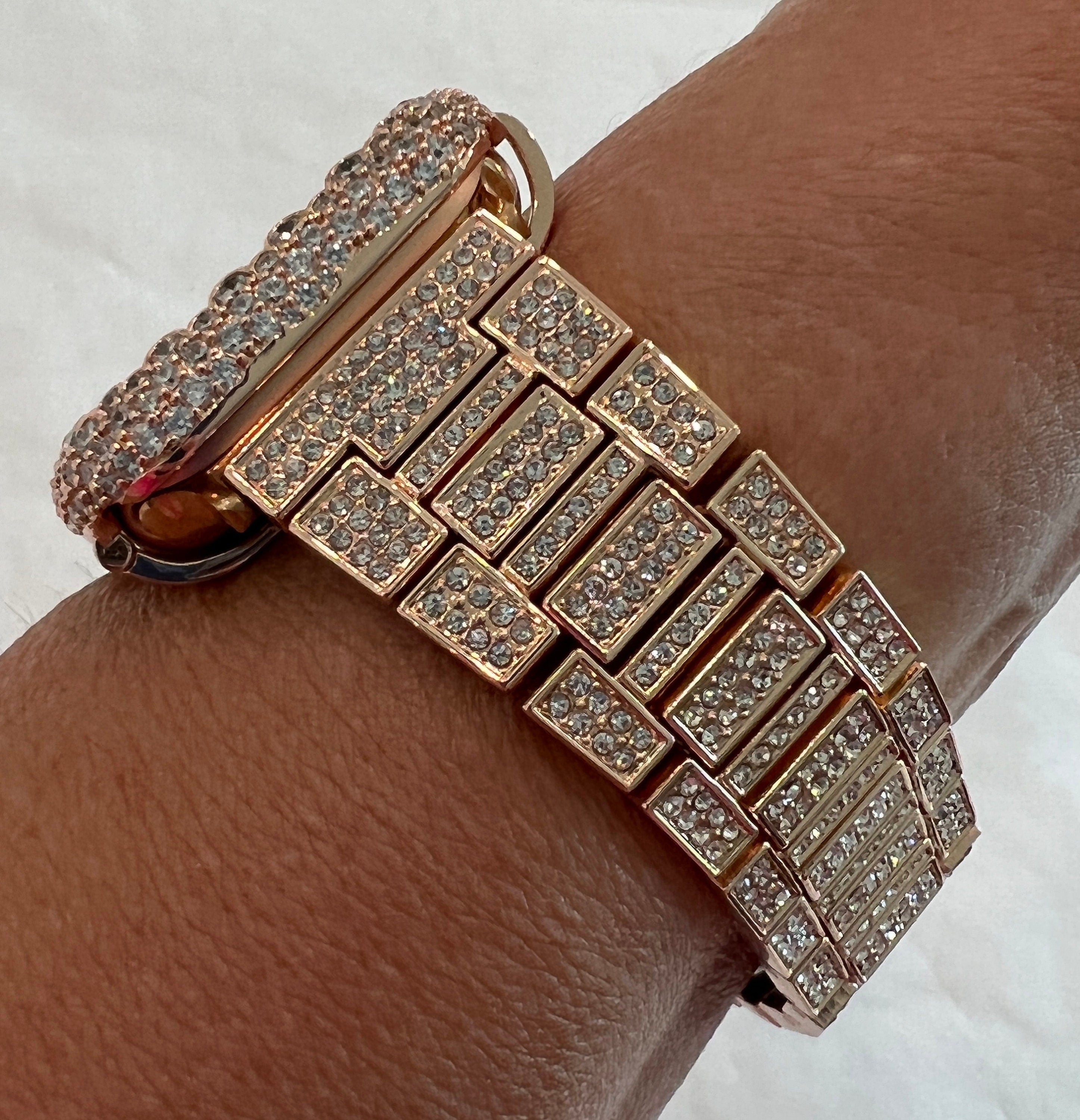 Designer Apple Watch Band Womens Rose Gold Swarovski Crystal & or Apple Watch Case Protective Iphone Watch Cover Bling 38mm-45mm 49mm Ultra