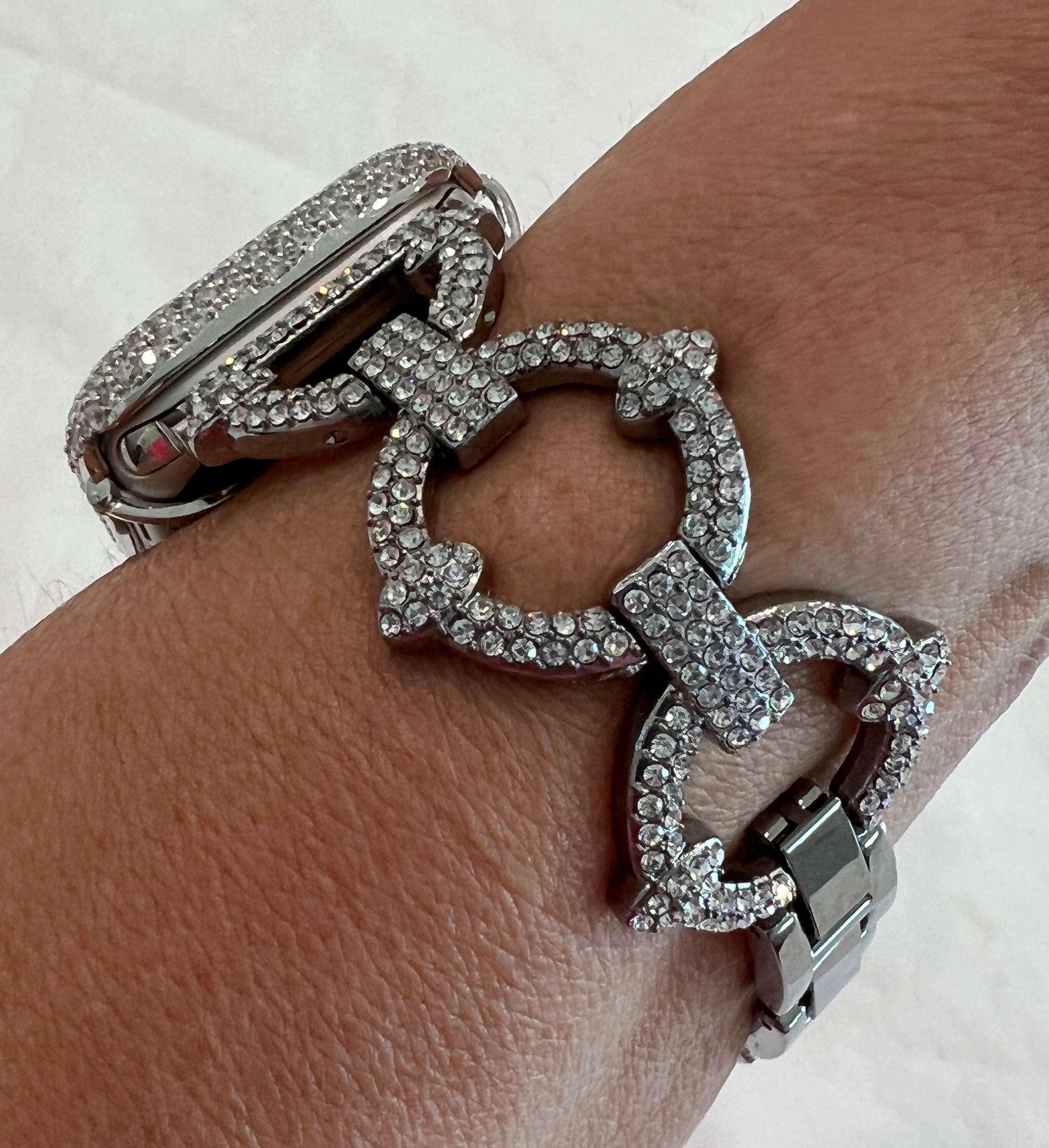 Crystal Pave Link Apple Watch Band 41mm 45mm 49mm Ultra Silver & or Apple Watch Cover Lab Diamond Bezel 38mm-49mm Ultra Series 10