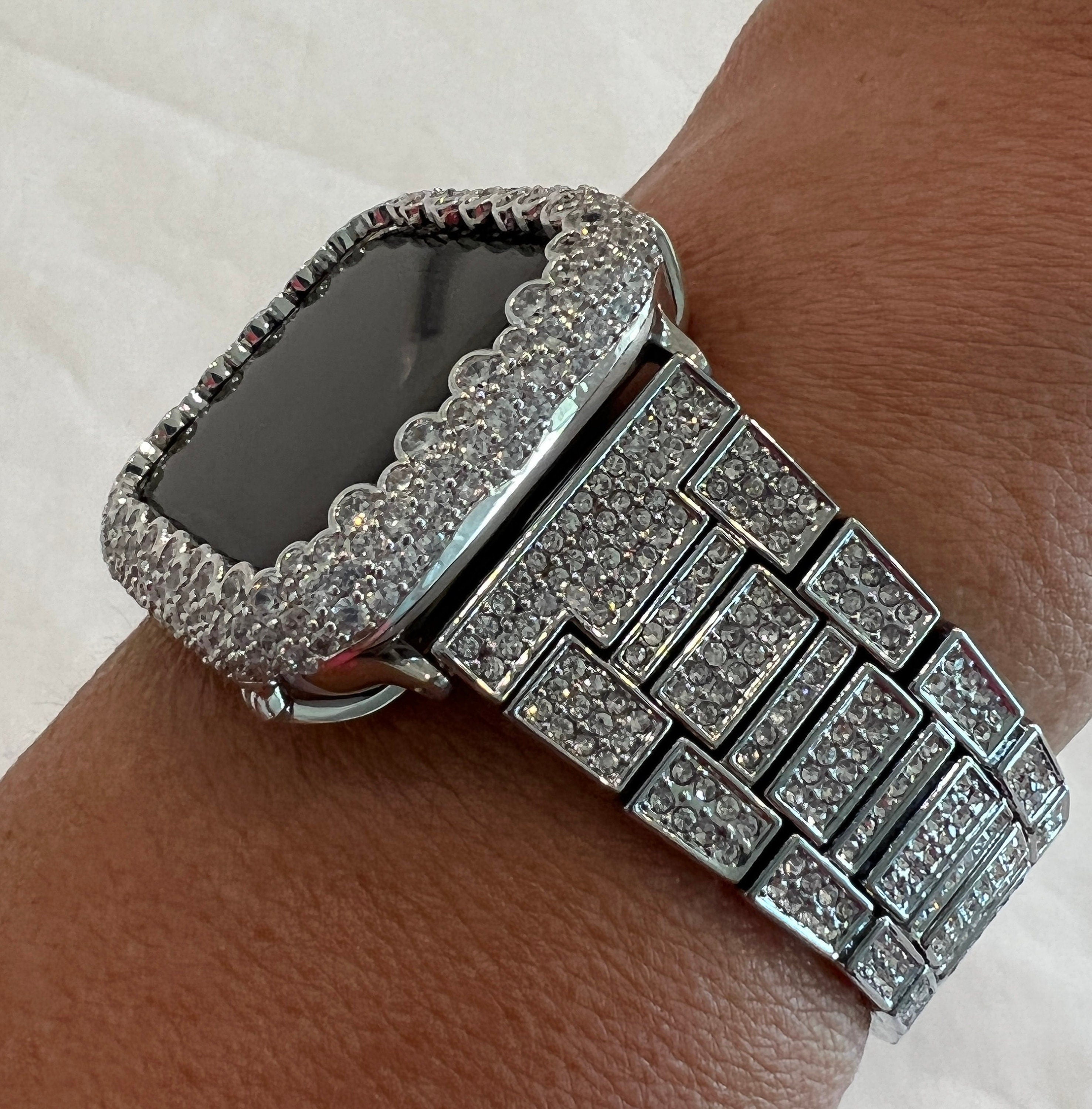 White Gold Apple Watch Band Swarovski Crystal & or Silver Lab Diamond Bezel Apple Watch Cover Apple Watch Case Series 2-11 SE 38-49mm Ultra