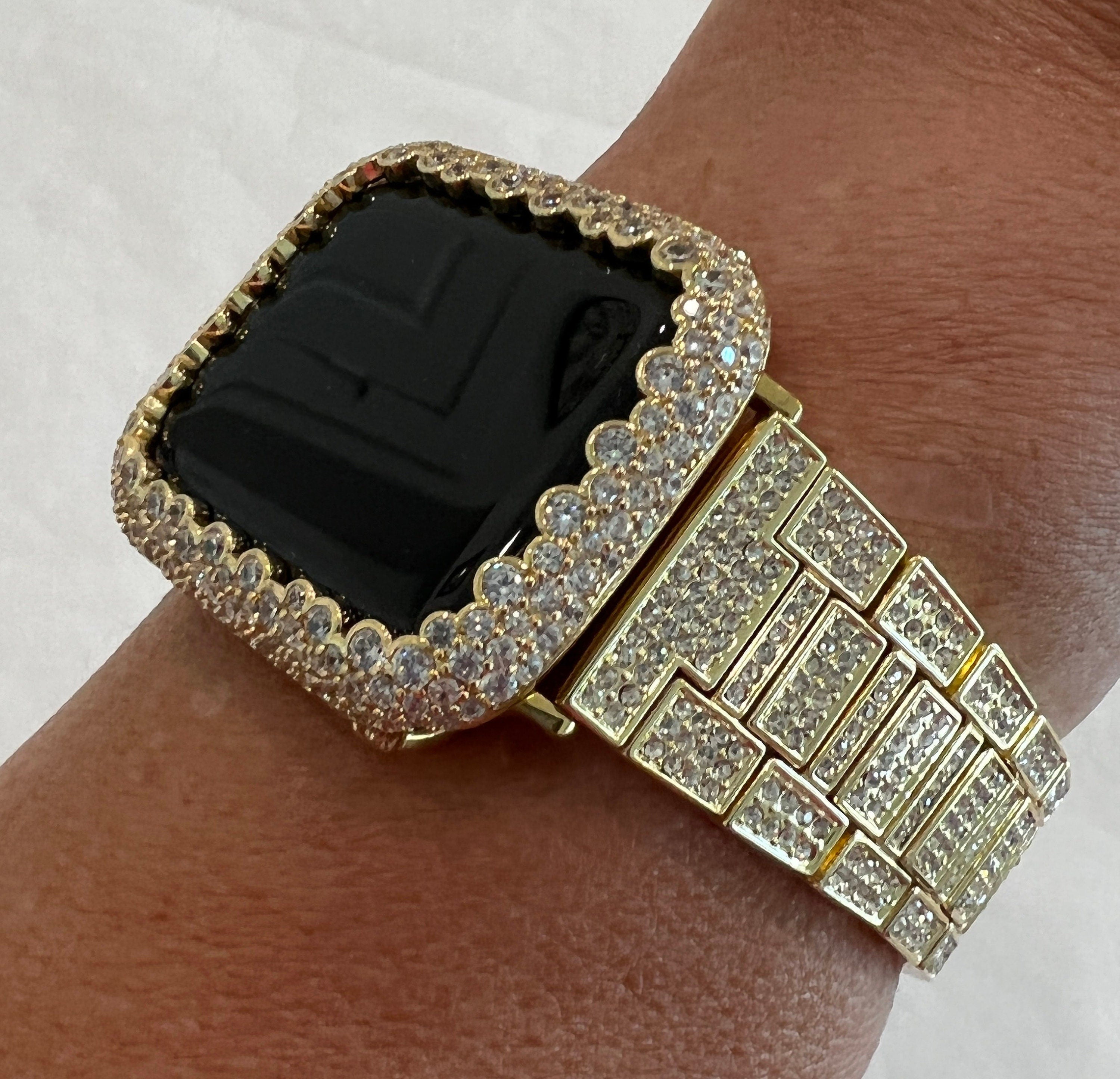 Apple Watch Band Gold Pave Stainless Steel Swarovski Crystal & or Apple Watch Case Lab Diamond Smartwatch Apple Watch Cover Bling 38mm-49mm
