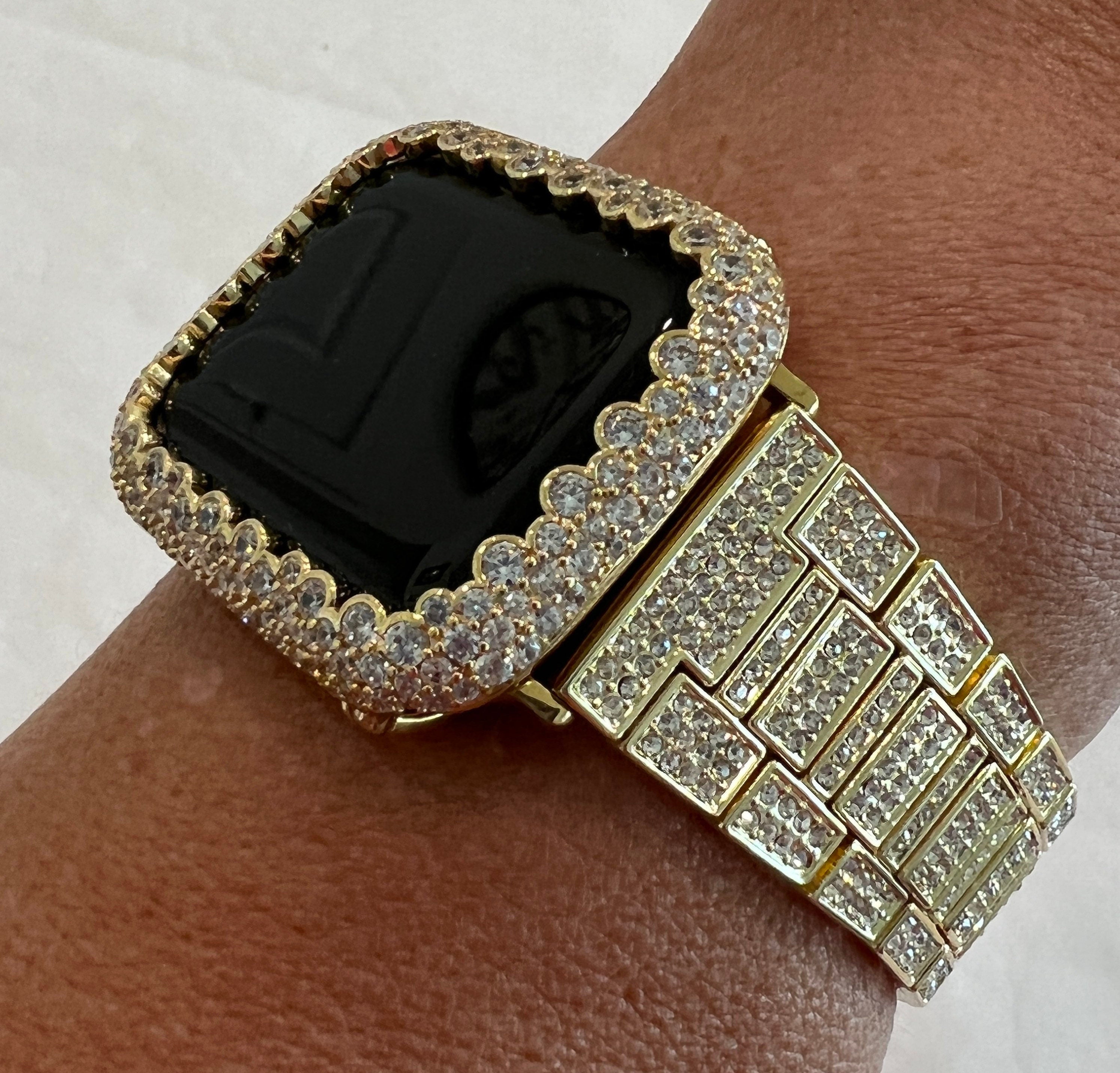 Apple Watch Band Gold Pave Stainless Steel Swarovski Crystal & or Apple Watch Case Lab Diamond Smartwatch Apple Watch Cover Bling 38mm-49mm