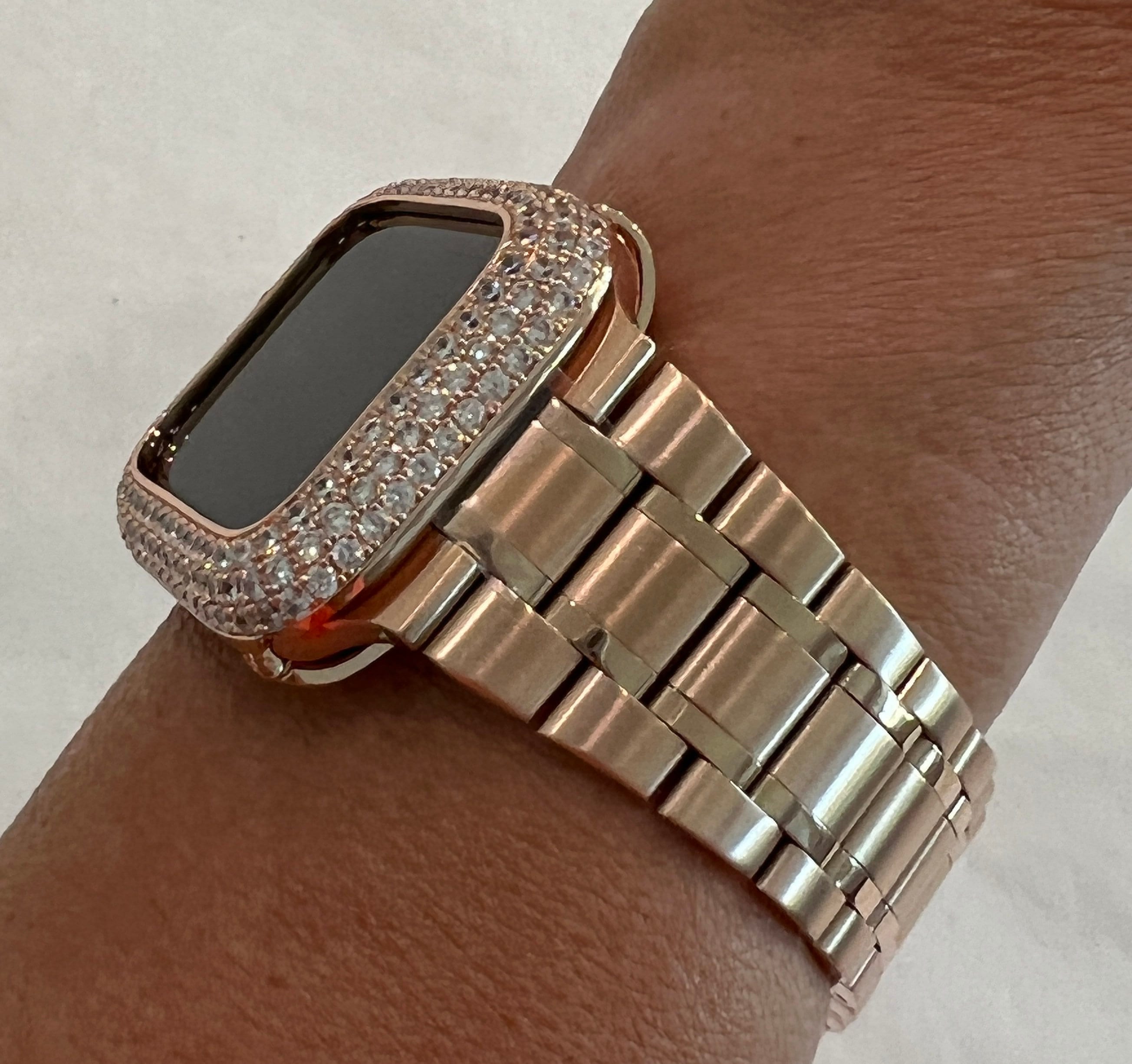 Apple Watch Band 41mm 45mm 49mm Ultra Rose Gold Stainless Steel Ultra Thin & or Lab Diamond Bezel Cover Bling for Smartwatch 38-45mm S 2-11