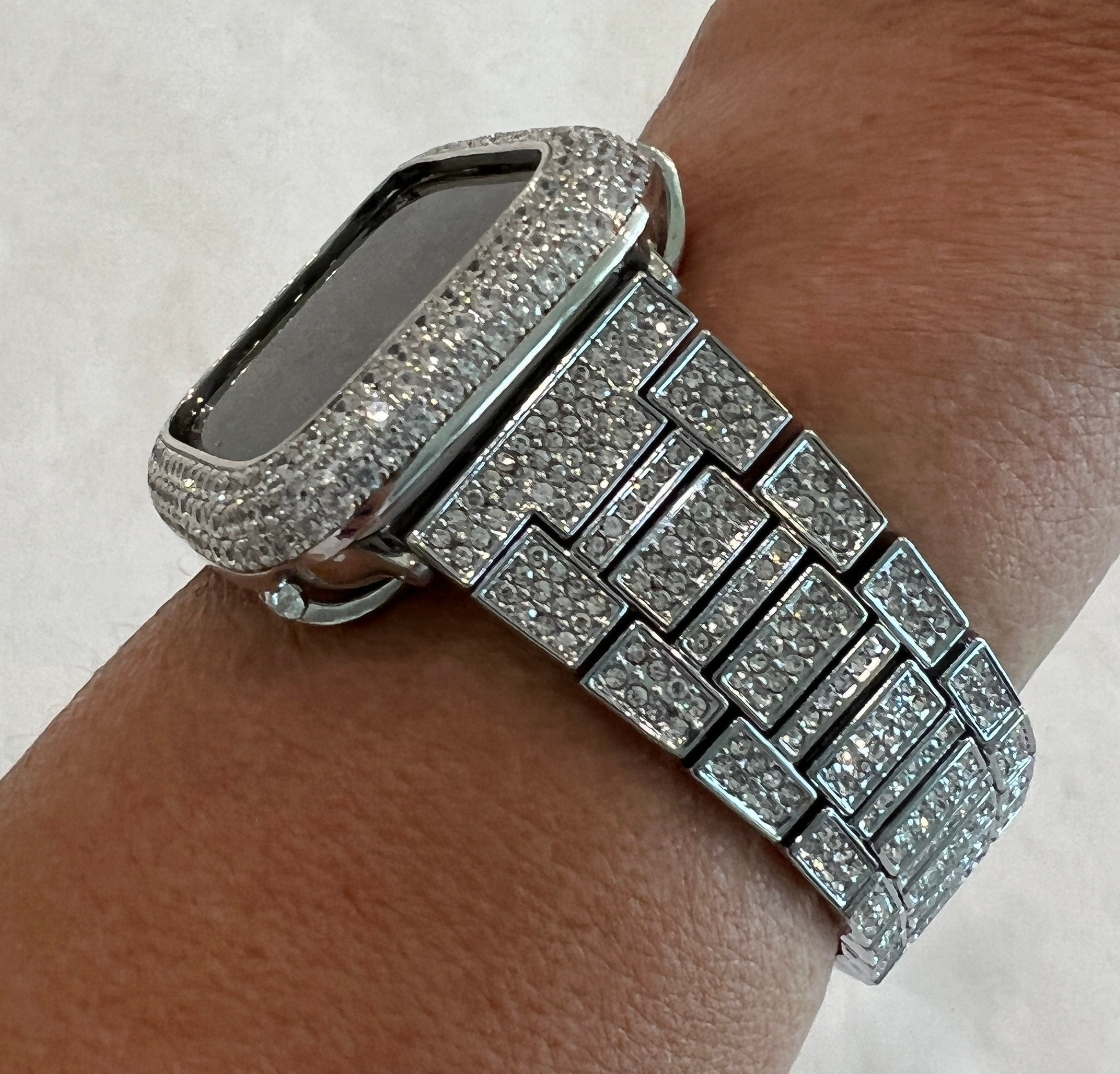 Pave Apple Watch Band Women 38mm-49mm Ultra Silver Swarovski Crystal & or Apple Watch Cover Lab Diamond Bezel Apple Watch Case Series 2-11