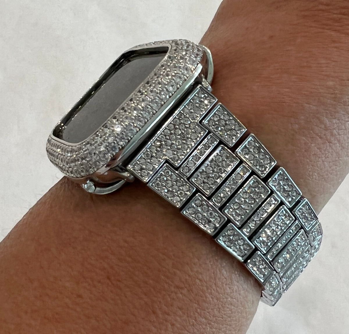 Pave Apple Watch Band Women 38mm-49mm Ultra Silver High End Crystal & or Iphone Watch Cover Lab Diamond Bezel