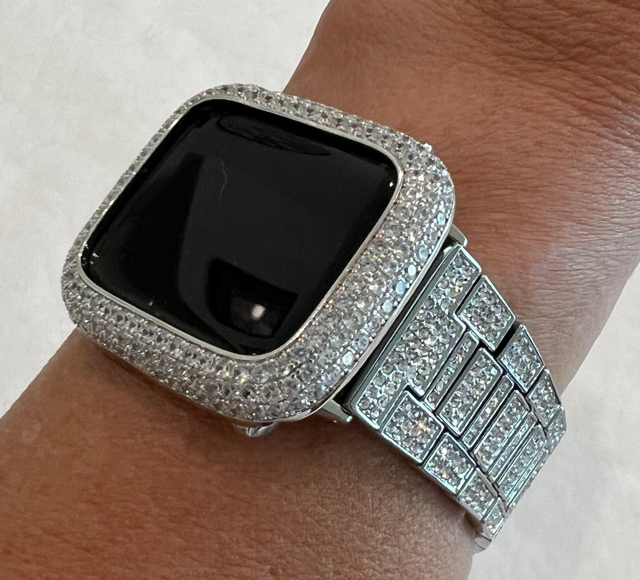 Pave Apple Watch Band Women 38mm-49mm Ultra Silver Swarovski Crystal & or Apple Watch Cover Lab Diamond Bezel Apple Watch Case Series 2-10