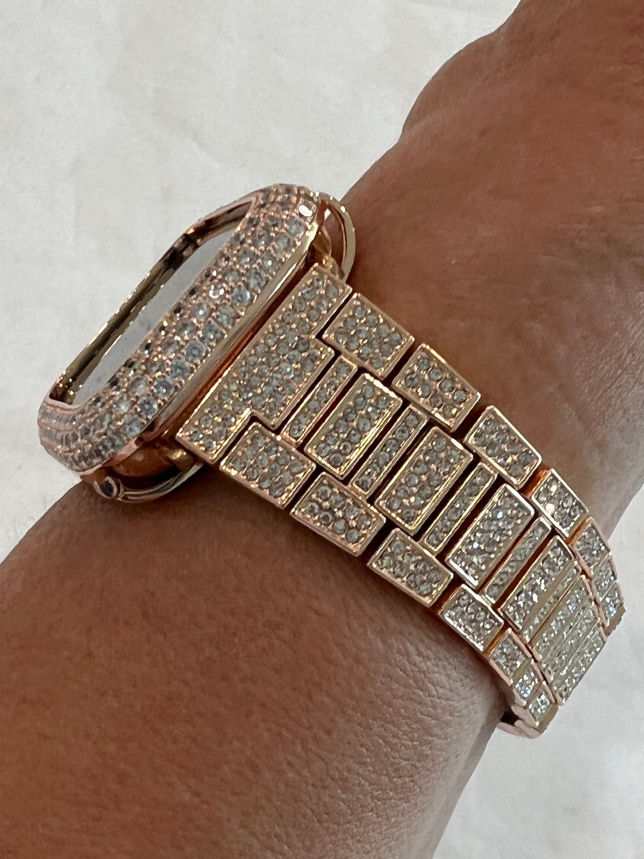 Pave Apple Watch Band Women 38 40 41 42 44 45 46 49 Ultra Swarovski Crystal Rose Gold & or Apple Watch Cover Lab Diamond Bezel Series 10-11