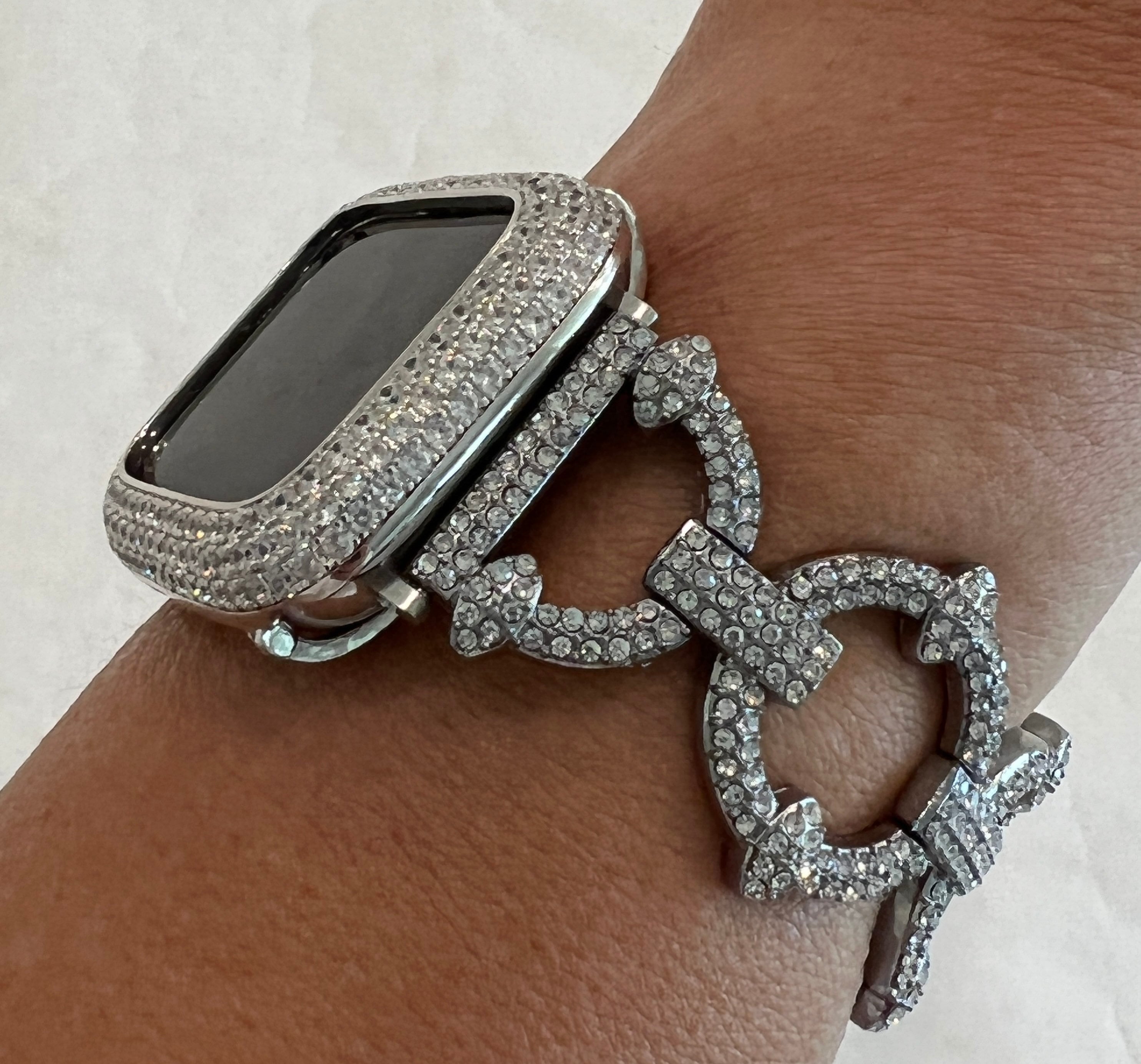 Pave Apple Watch Band Women 38 40 41 42 44 45 49mm Ultra Silver Swarovski Crystal & or Apple Watch Cover Lab Diamond Bezel Case Iwatch Candy