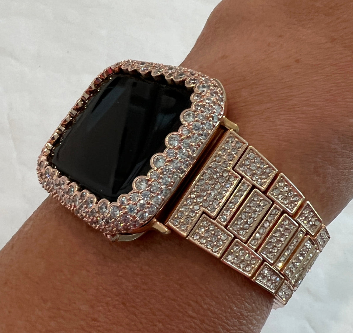 Designer Apple Watch Band Womens Rose Gold Swarovski Crystal & or Apple Watch Case Protective Iphone Watch Cover Bling 38mm-45mm 49mm Ultra