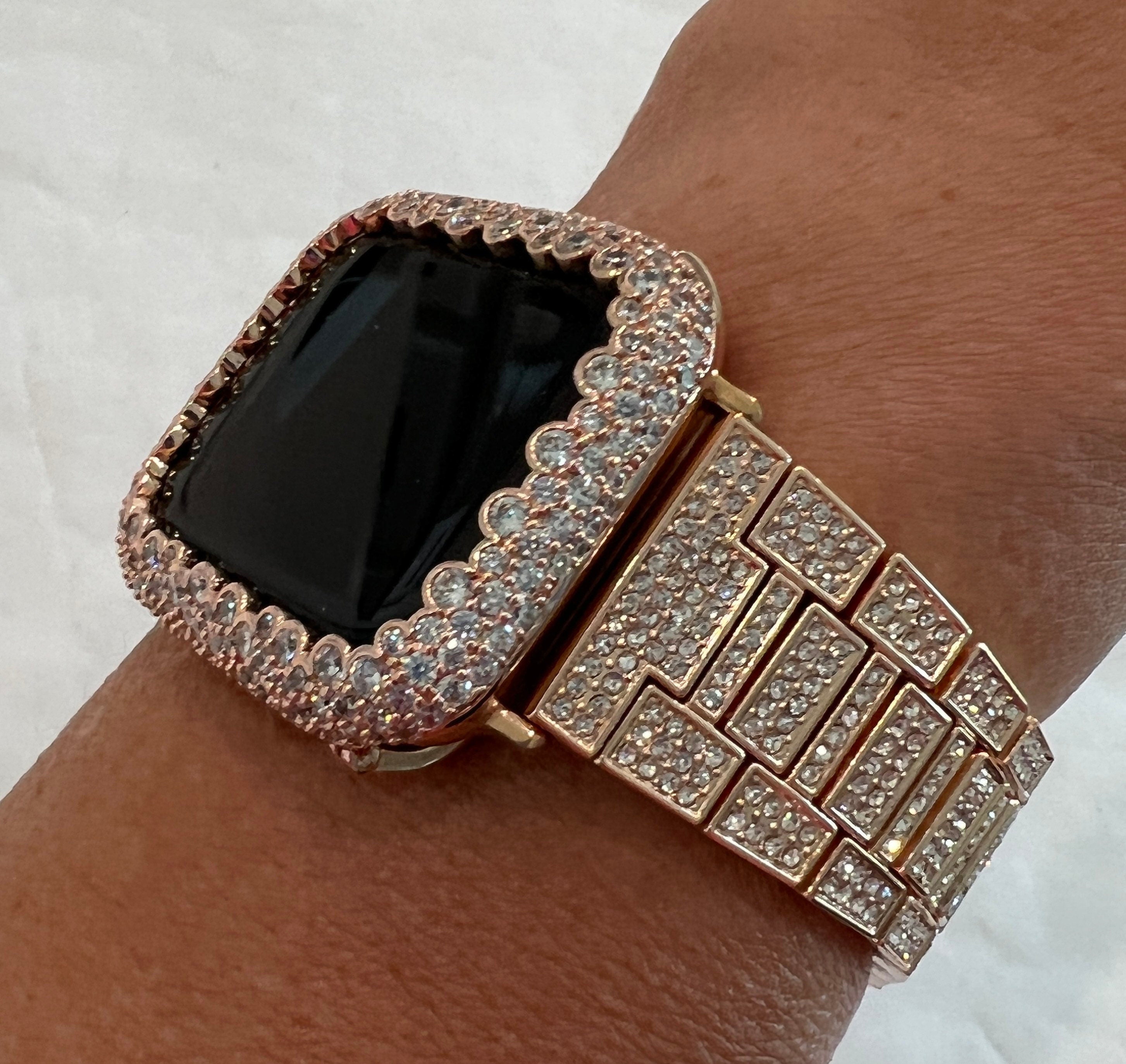 Designer Apple Watch Band Womens Rose Gold Swarovski Crystal & or Apple Watch Case Protective Iphone Watch Cover Bling 38mm-45mm 49mm Ultra