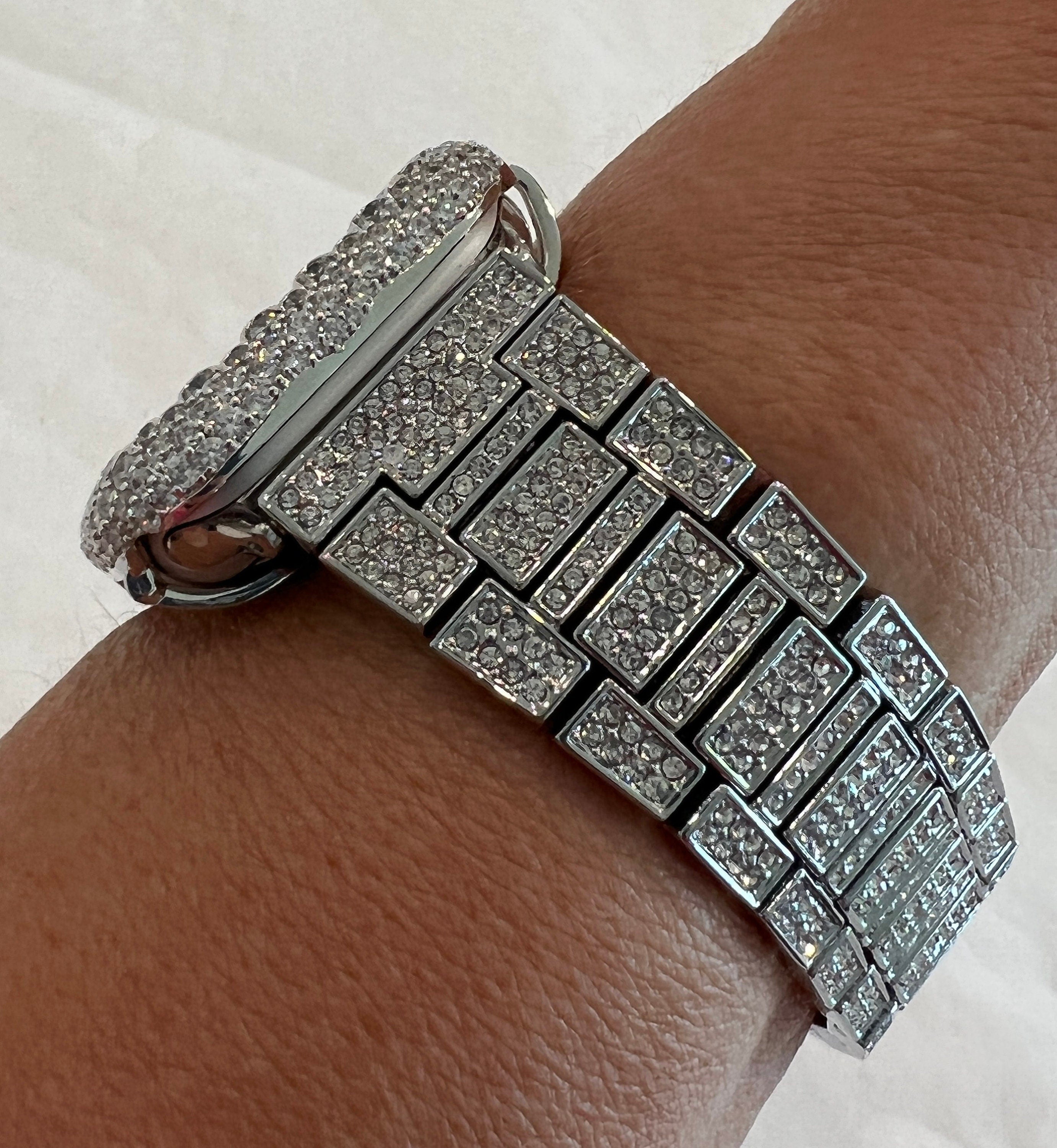 White Gold Apple Watch Band Swarovski Crystal & or Silver Lab Diamond Bezel Apple Watch Cover Apple Watch Case Series 2-10 SE 38-49mm Ultra