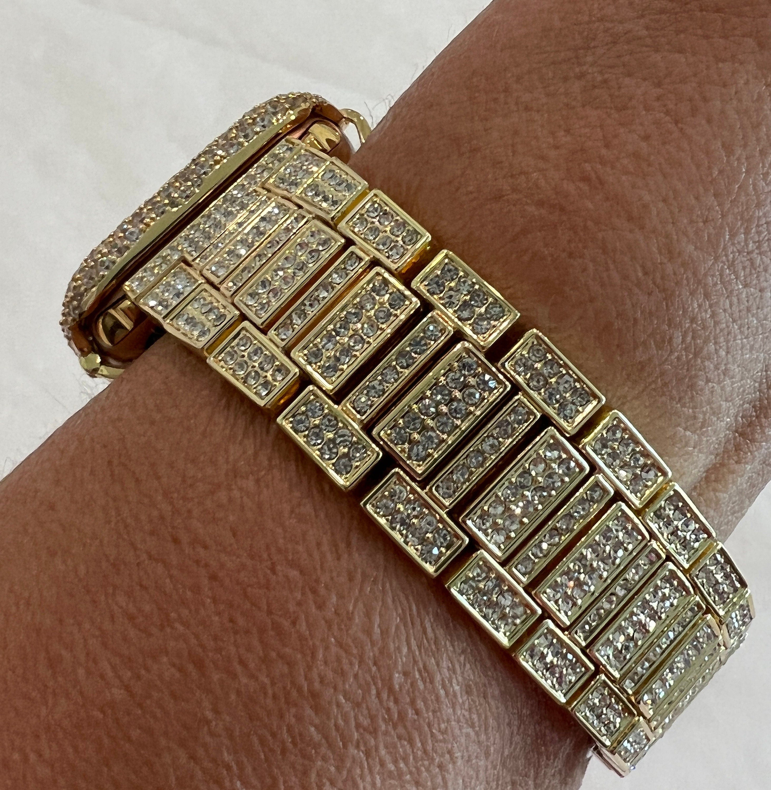 Apple Watch Band Gold Pave Stainless Steel Swarovski Crystal & or Apple Watch Case Lab Diamond Smartwatch Apple Watch Cover Bling 38mm-49mm