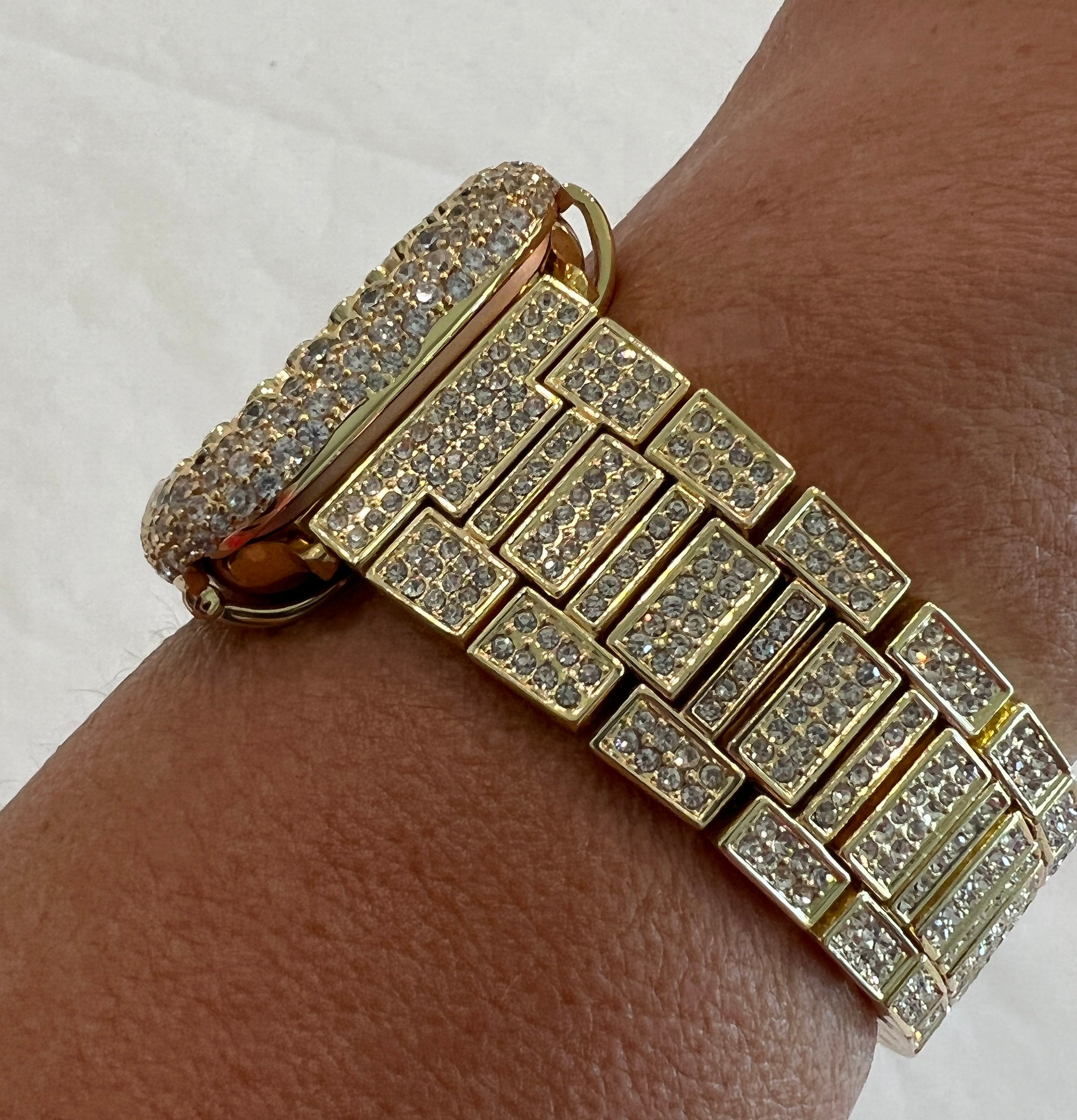 Apple Watch Band Gold Pave Stainless Steel Swarovski Crystal & or Apple Watch Case Lab Diamond Smartwatch Apple Watch Cover Bling 38mm-49mm