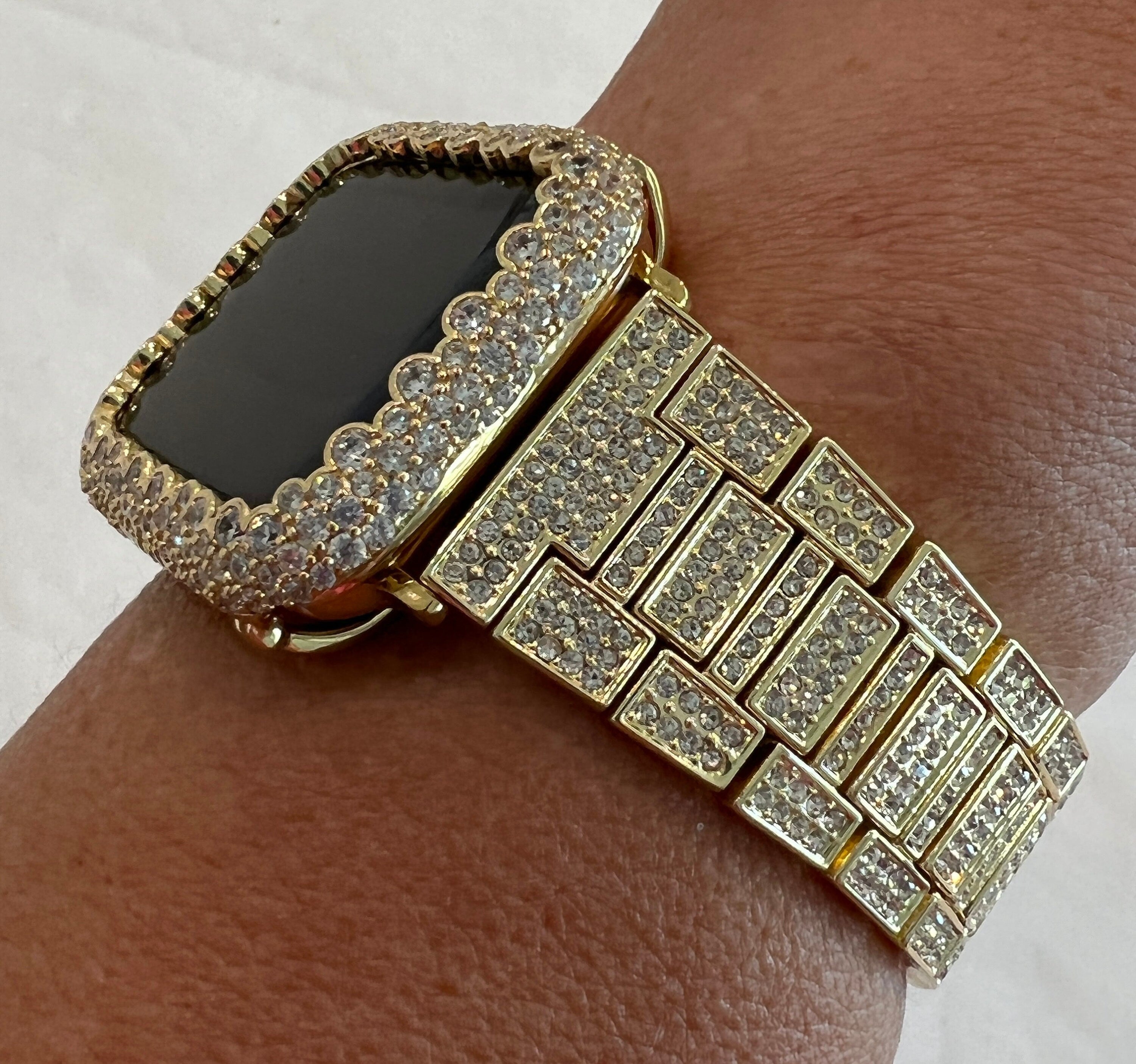 Apple Watch Band Gold Pave Stainless Steel Swarovski Crystal & or Apple Watch Case Lab Diamond Smartwatch Apple Watch Cover Bling 38mm-49mm