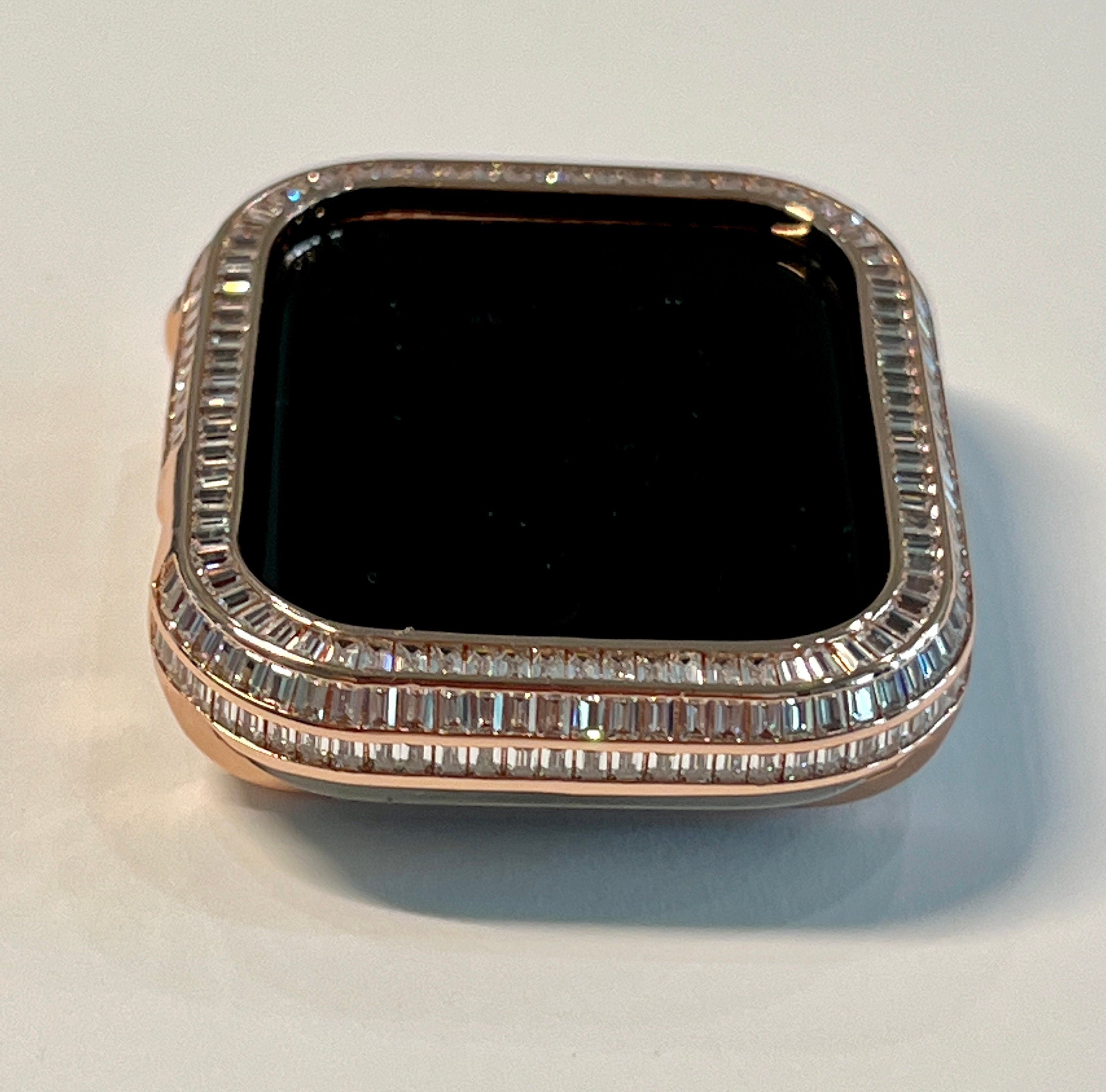 Apple Watch Bezel Cover 40mm 41mm 44mm45mm with 3 Rows Lab Diamond Baguettes in 14k Rose Gold Plated Metal, Smartwatch Bumper